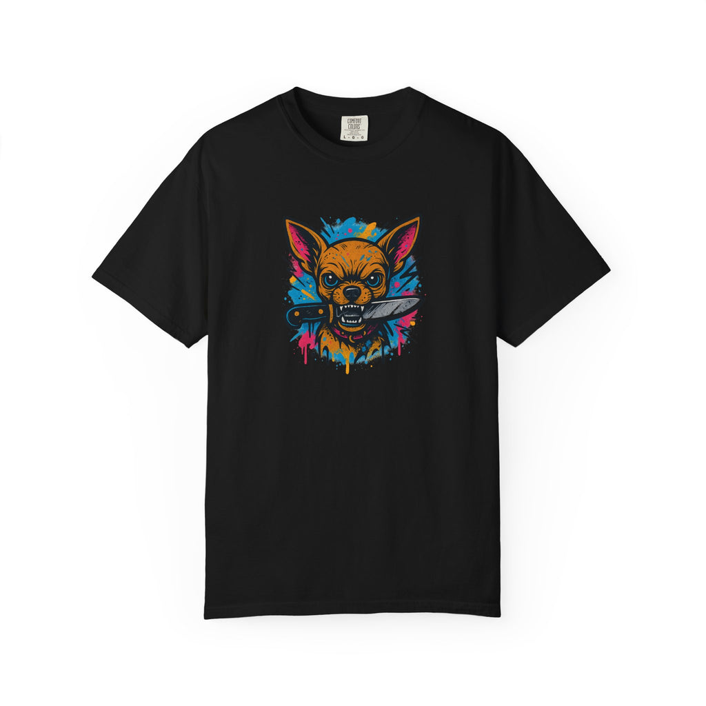 Knife-in-Mouth Chihuahua T-Shirt — Colorful Grunge Fox Graphic Tee