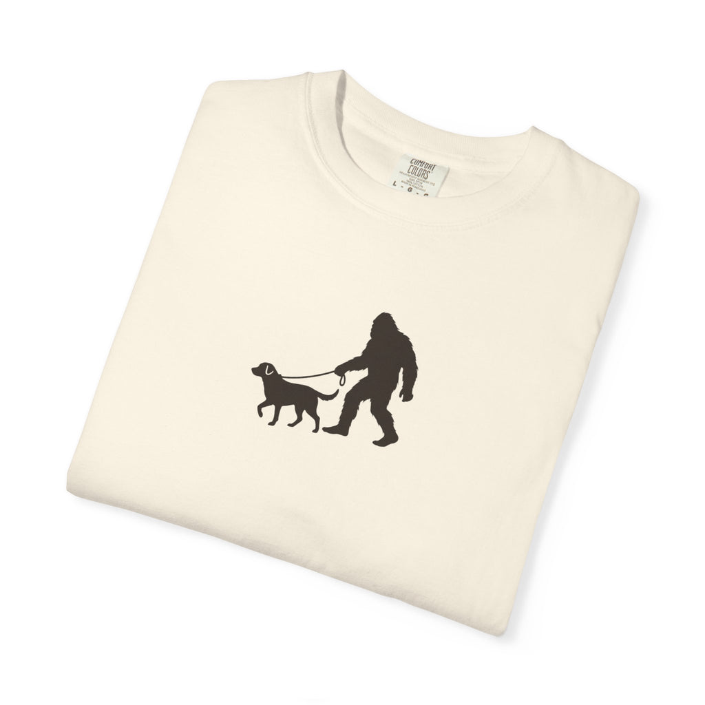 Bigfoot Walking Dog T-Shirt — Sasquatch Silhouette Tee for Cryptid Lovers