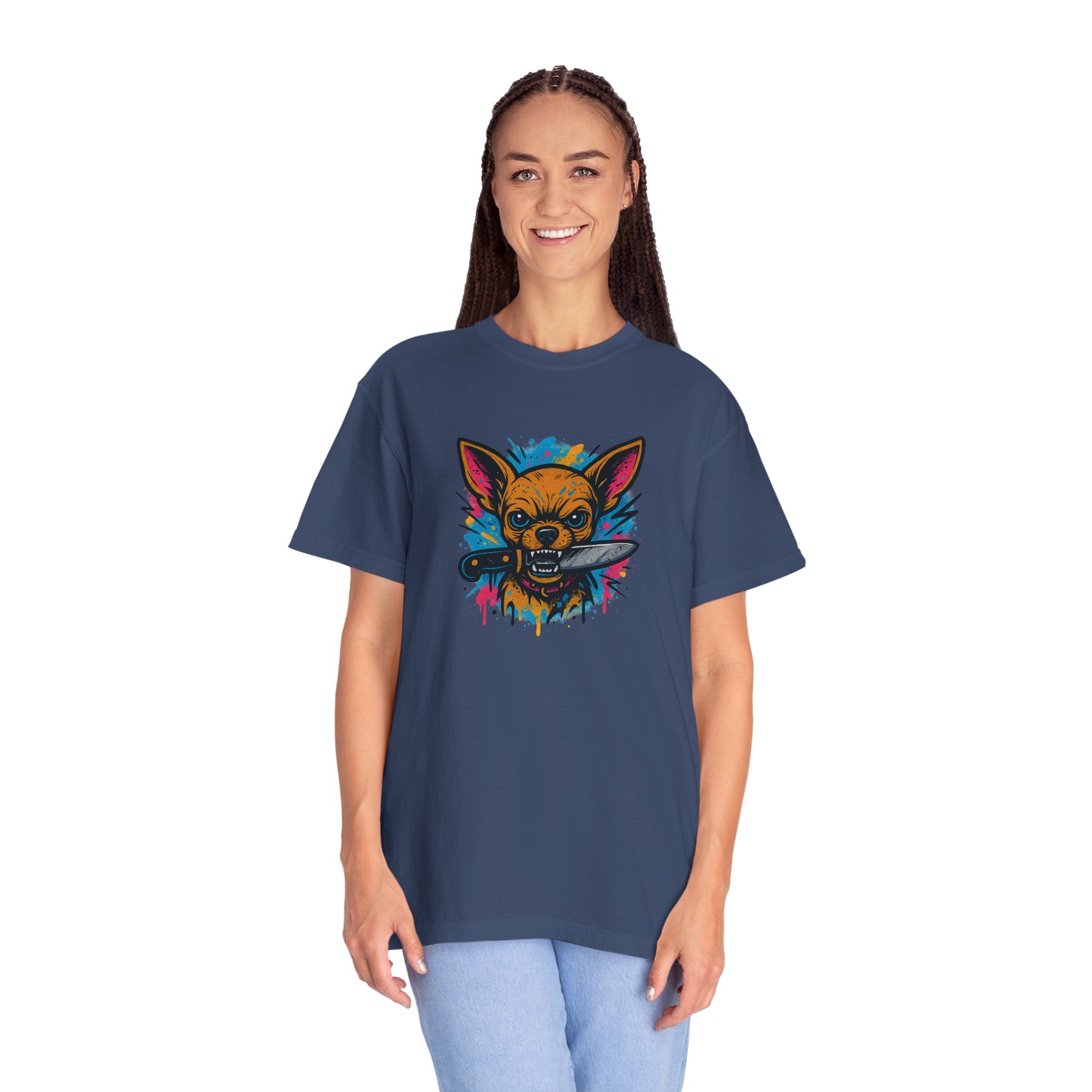 Knife-in-Mouth Chihuahua T-Shirt — Colorful Grunge Fox Graphic Tee