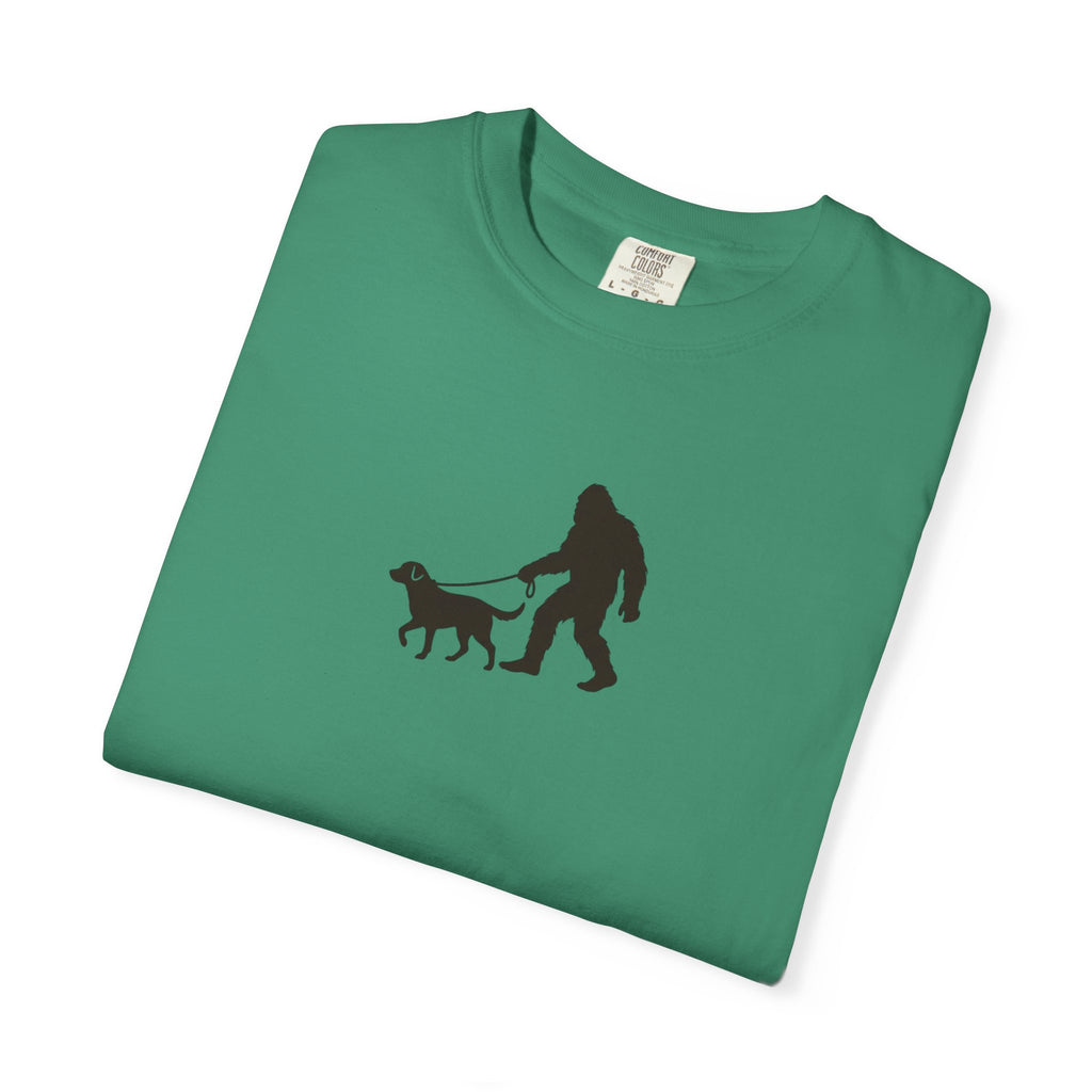 Bigfoot Walking Dog T-Shirt — Sasquatch Silhouette Tee for Cryptid Lovers