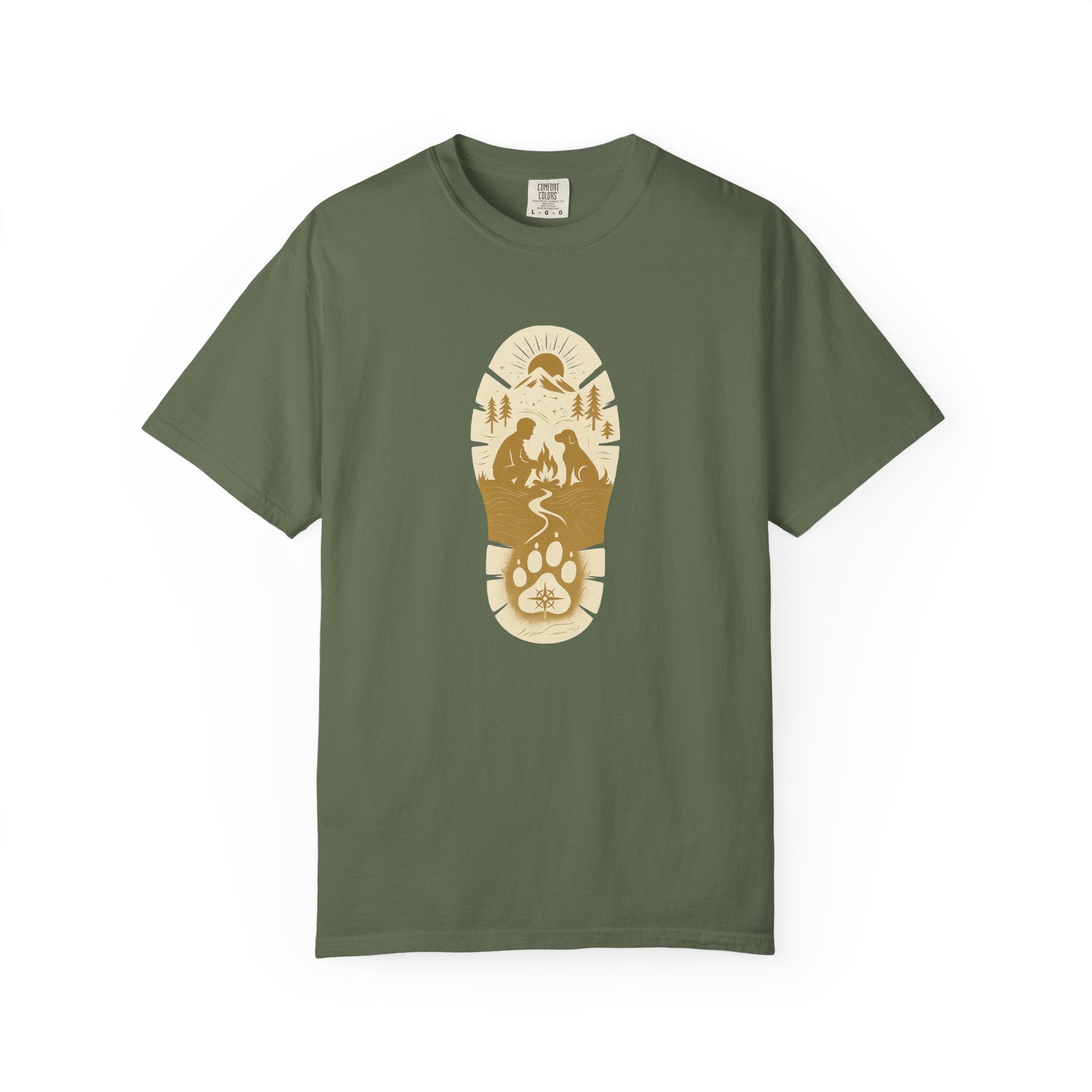 Adventure Pawprint T-Shirt — Mountain Trail Dog Silhouette Graphic