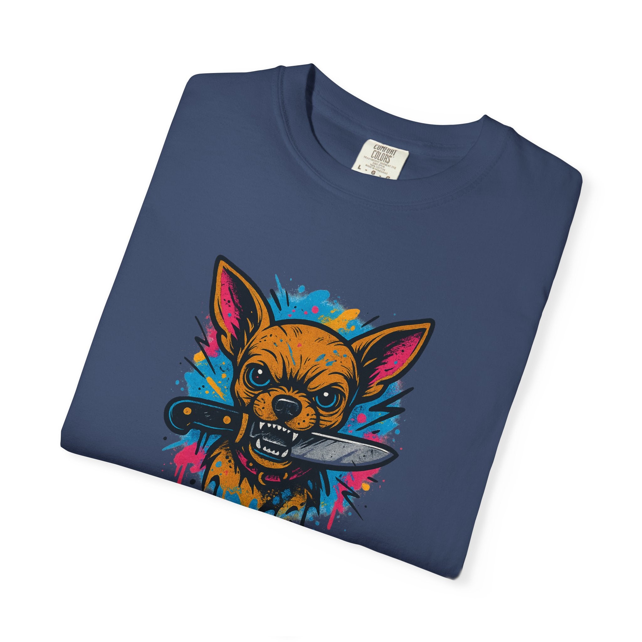 Knife-in-Mouth Chihuahua T-Shirt — Colorful Grunge Fox Graphic Tee