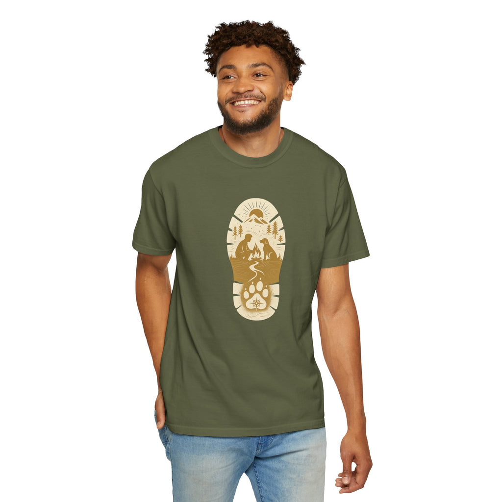 Adventure Pawprint T-Shirt — Mountain Trail Dog Silhouette Graphic