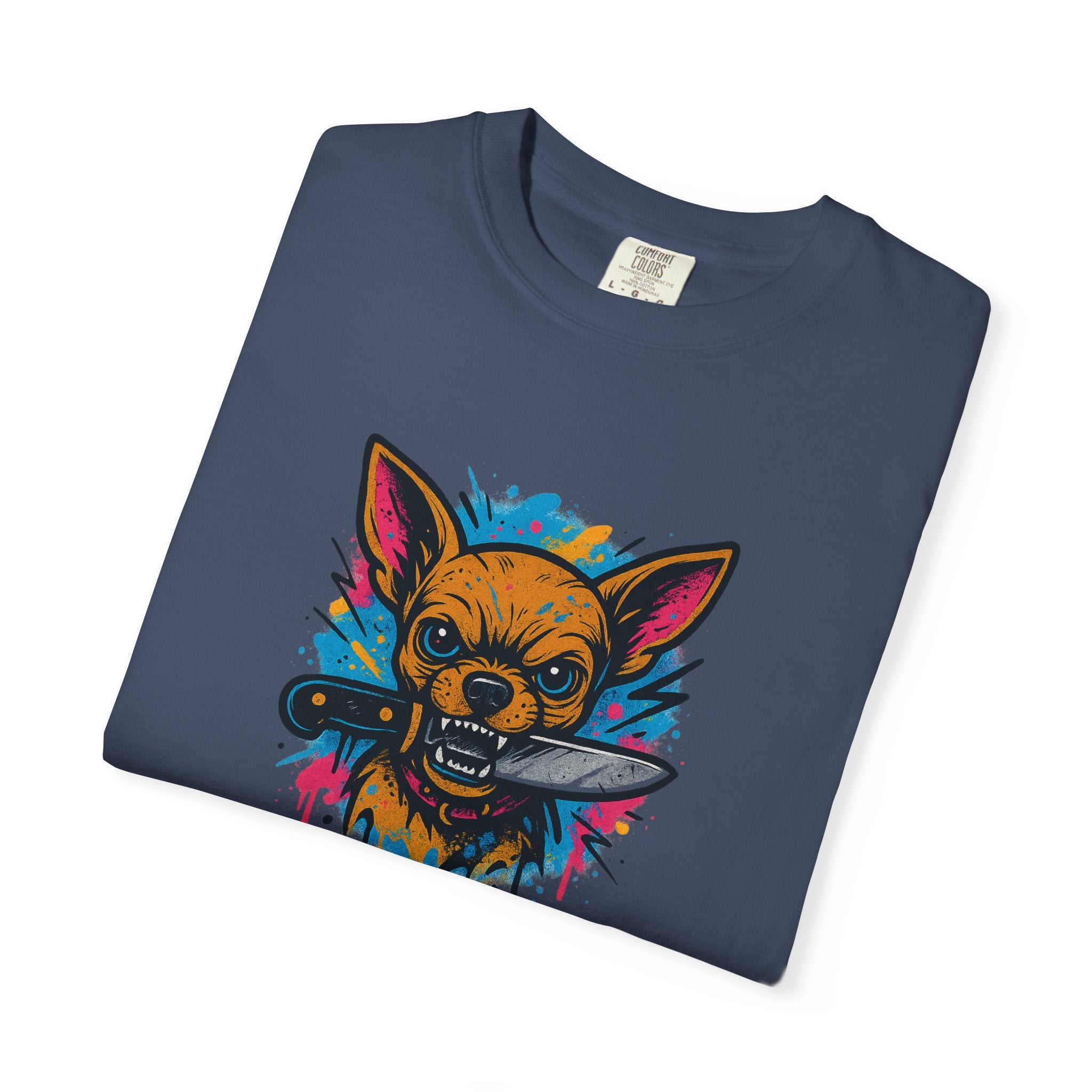 Knife-in-Mouth Chihuahua T-Shirt — Colorful Grunge Fox Graphic Tee