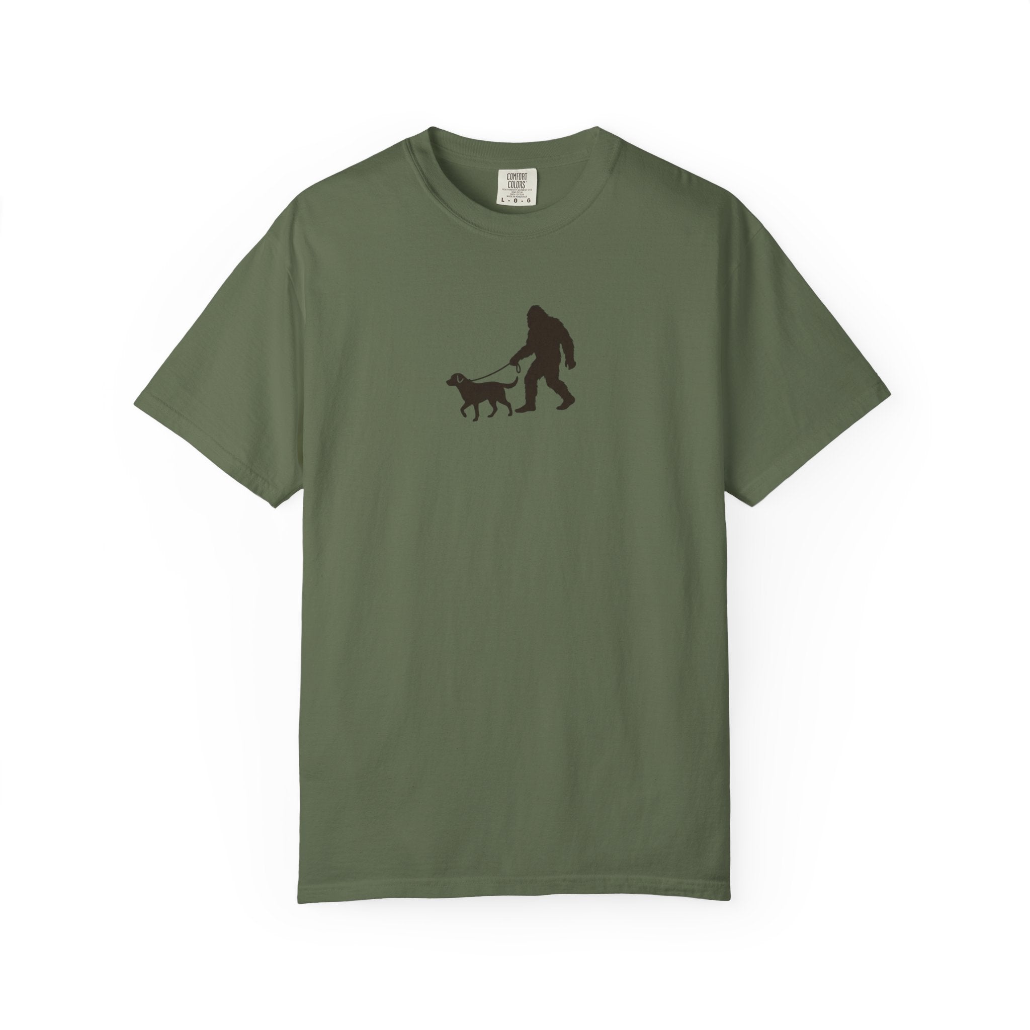 Bigfoot Walking Dog T-Shirt — Sasquatch Silhouette Tee for Cryptid Lovers