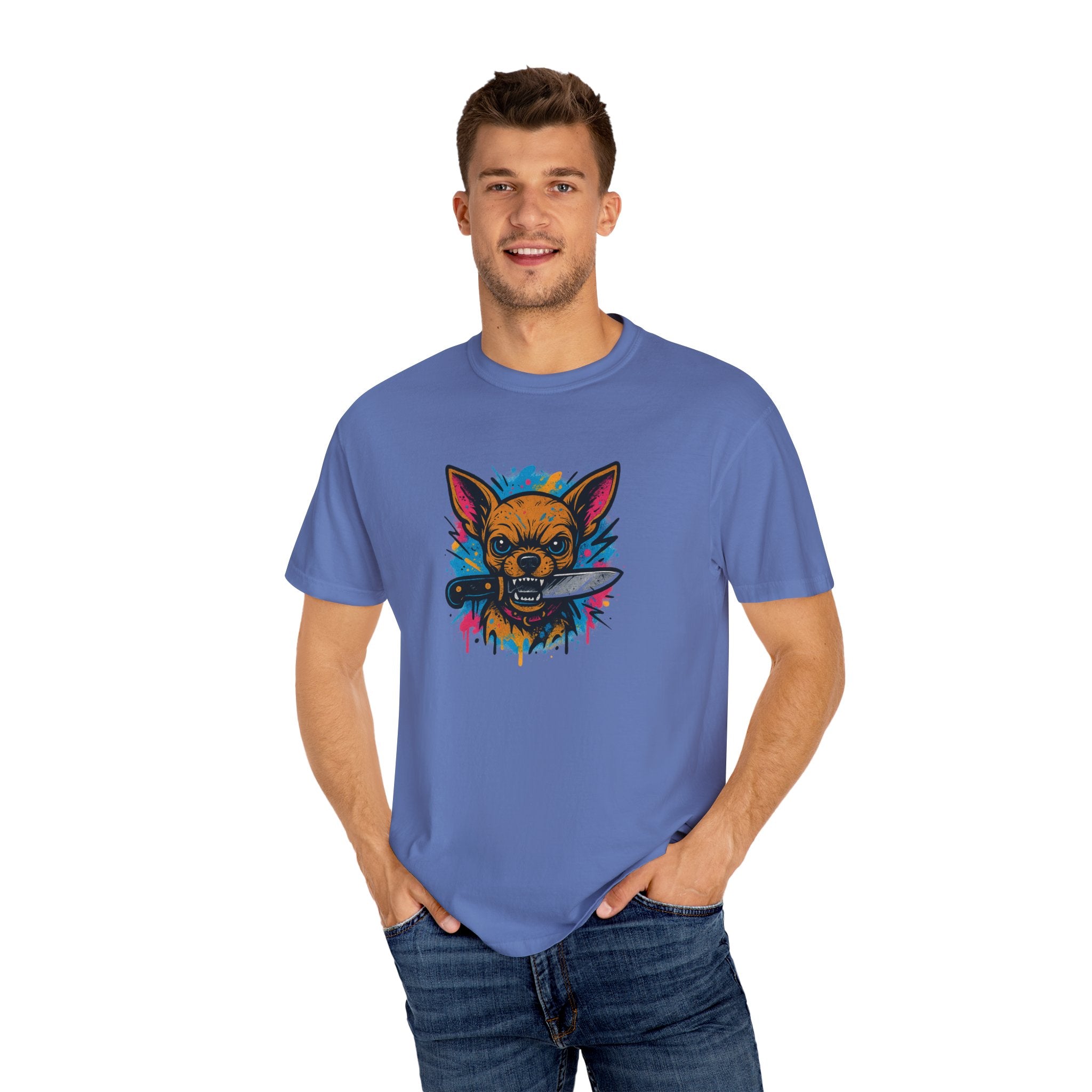 Knife-in-Mouth Chihuahua T-Shirt — Colorful Grunge Fox Graphic Tee