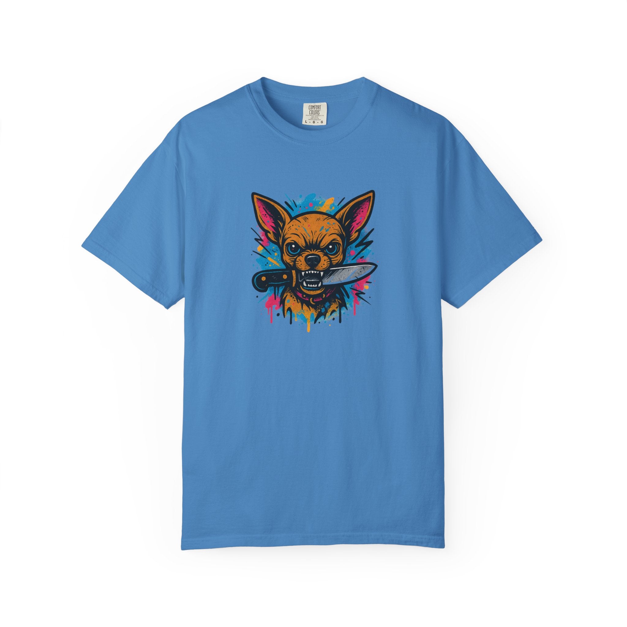 Knife-in-Mouth Chihuahua T-Shirt — Colorful Grunge Fox Graphic Tee