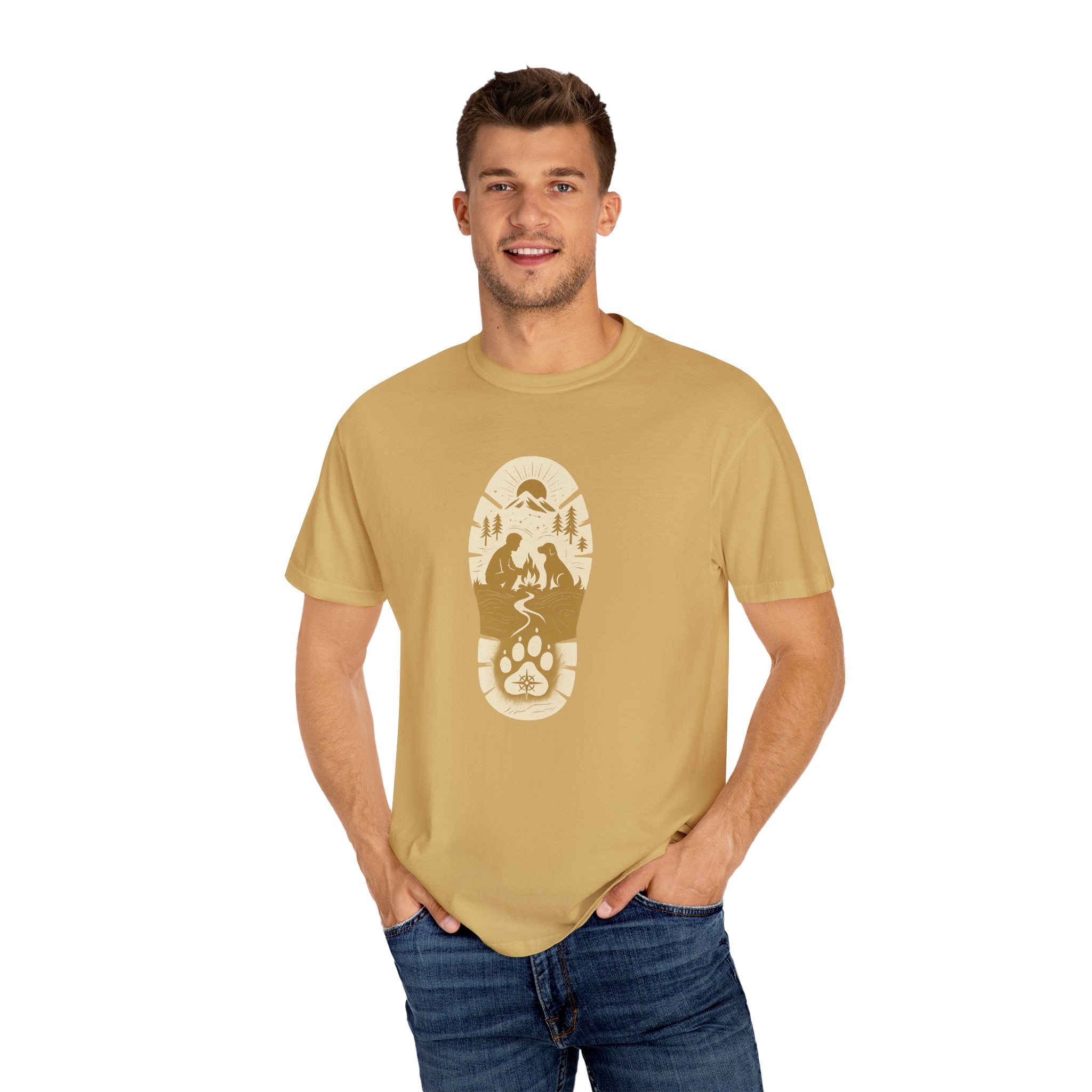 Adventure Pawprint T-Shirt — Mountain Trail Dog Silhouette Graphic