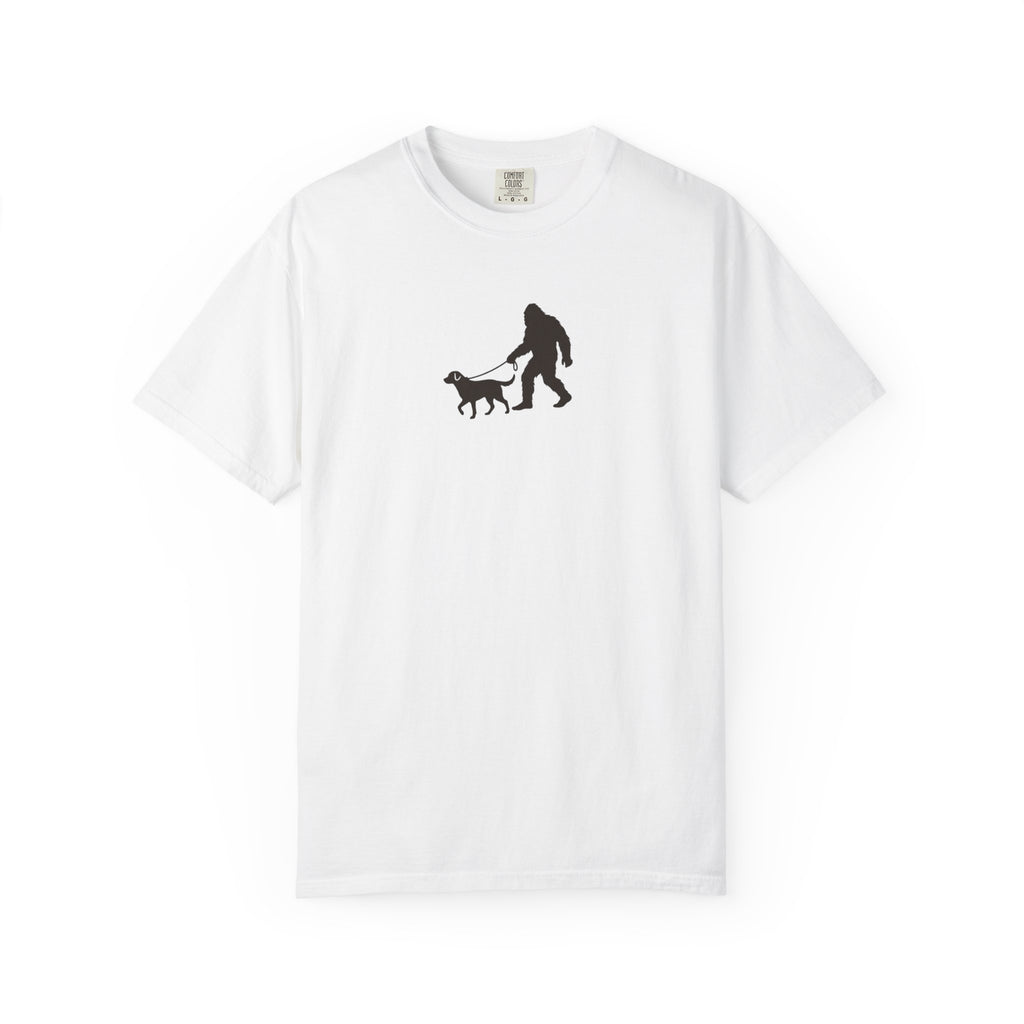 Bigfoot Walking Dog T-Shirt — Sasquatch Silhouette Tee for Cryptid Lovers
