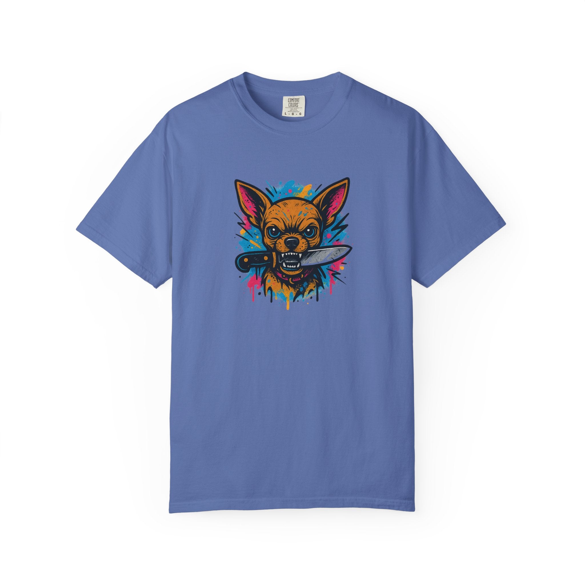 Knife-in-Mouth Chihuahua T-Shirt — Colorful Grunge Fox Graphic Tee