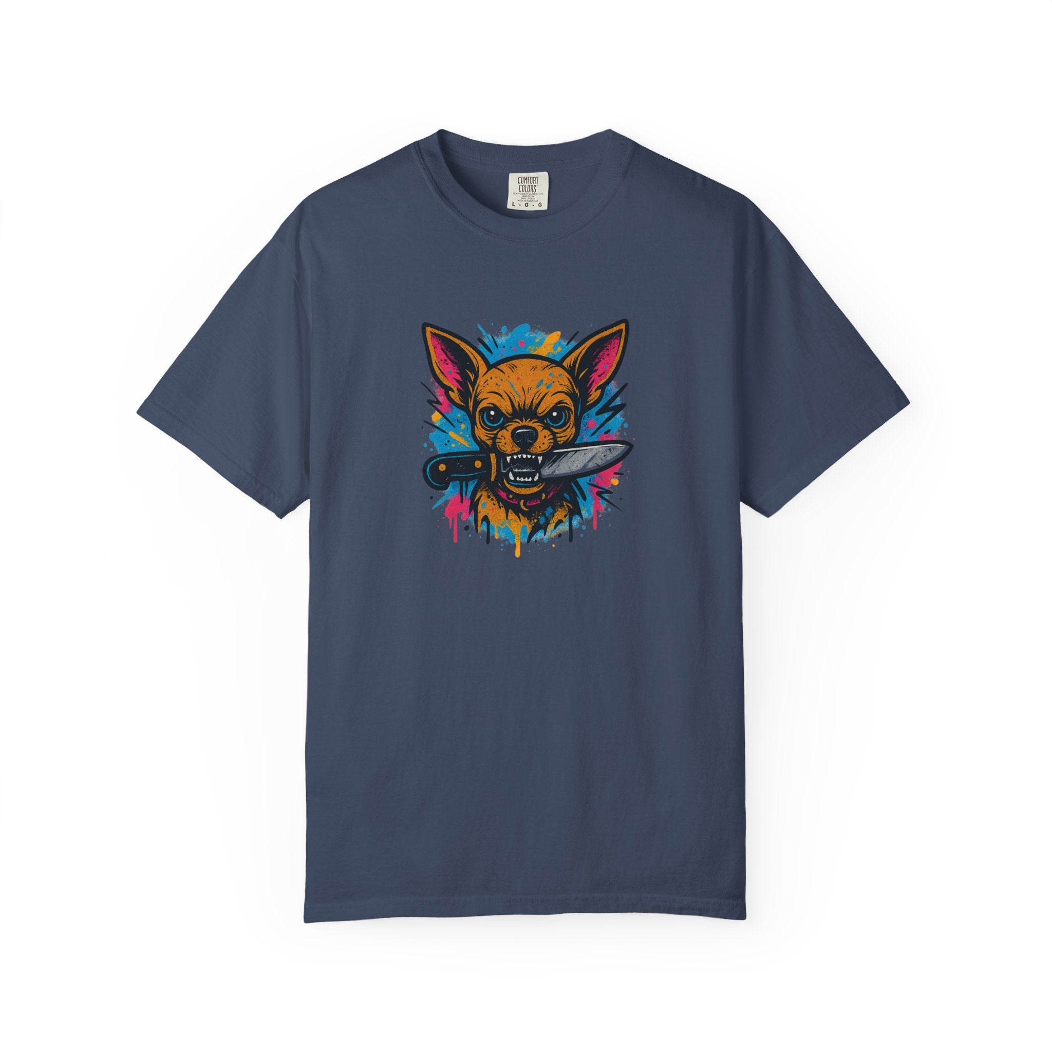 Knife-in-Mouth Chihuahua T-Shirt — Colorful Grunge Fox Graphic Tee