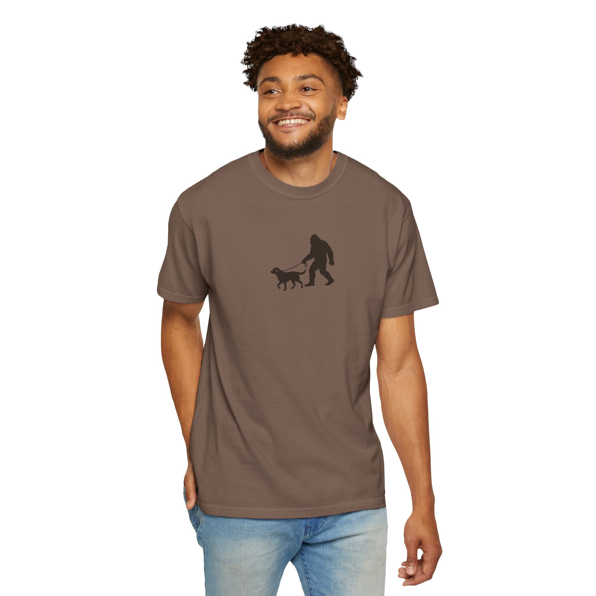Bigfoot Walking Dog T-Shirt — Sasquatch Silhouette Tee for Cryptid Lovers