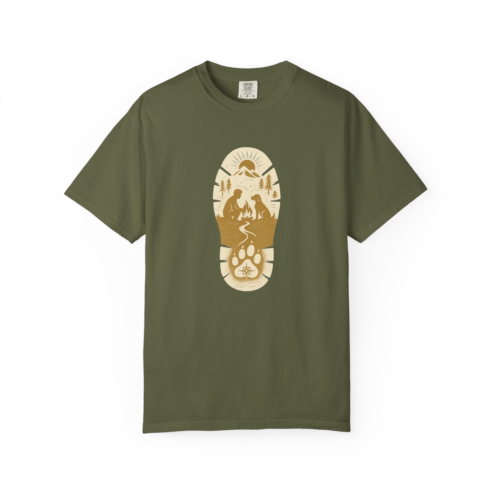 Adventure Pawprint T-Shirt — Mountain Trail Dog Silhouette Graphic