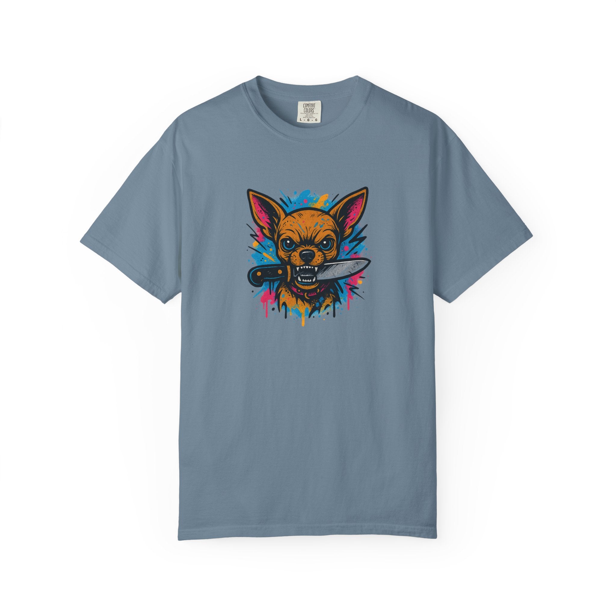 Knife-in-Mouth Chihuahua T-Shirt — Colorful Grunge Fox Graphic Tee