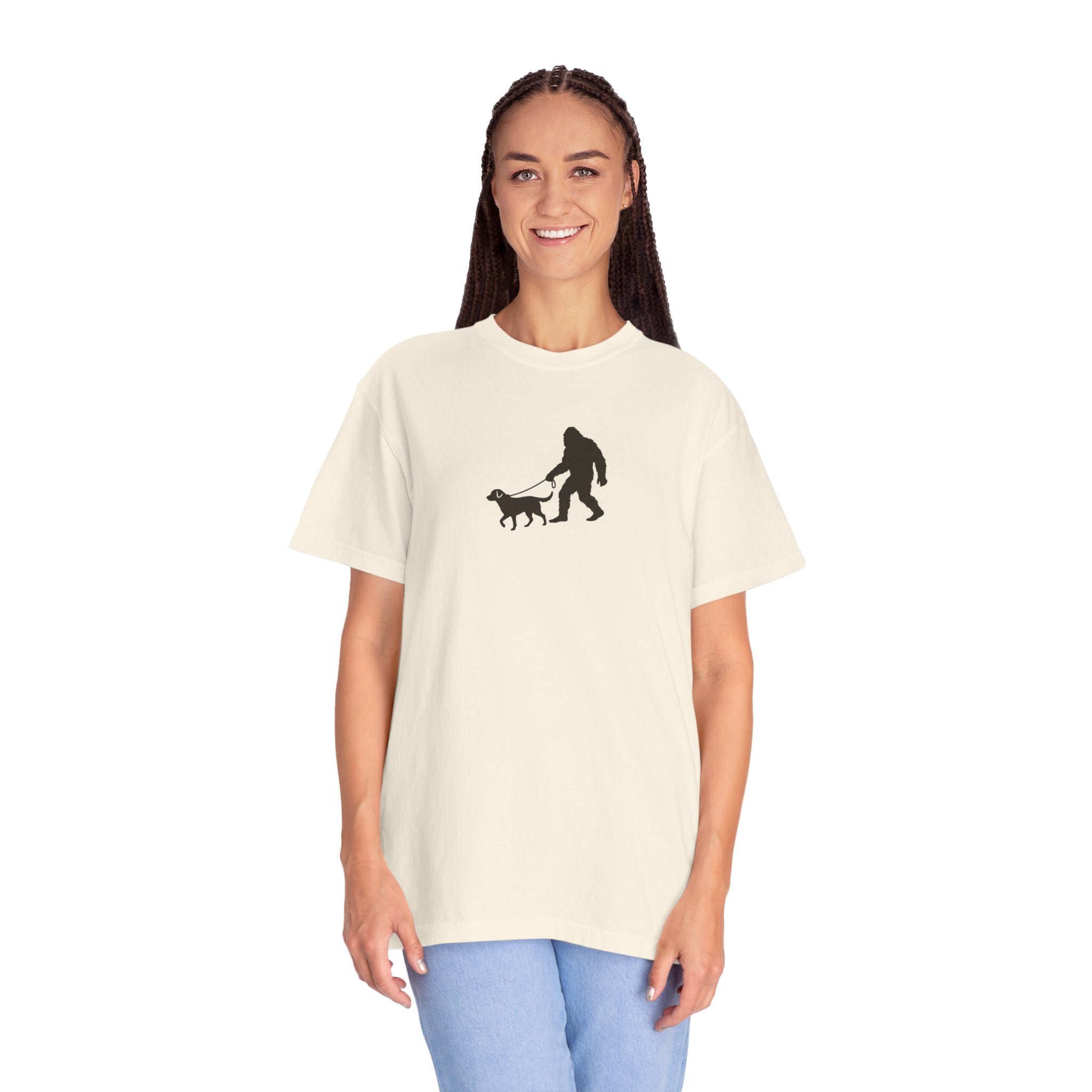 Bigfoot Walking Dog T-Shirt — Sasquatch Silhouette Tee for Cryptid Lovers