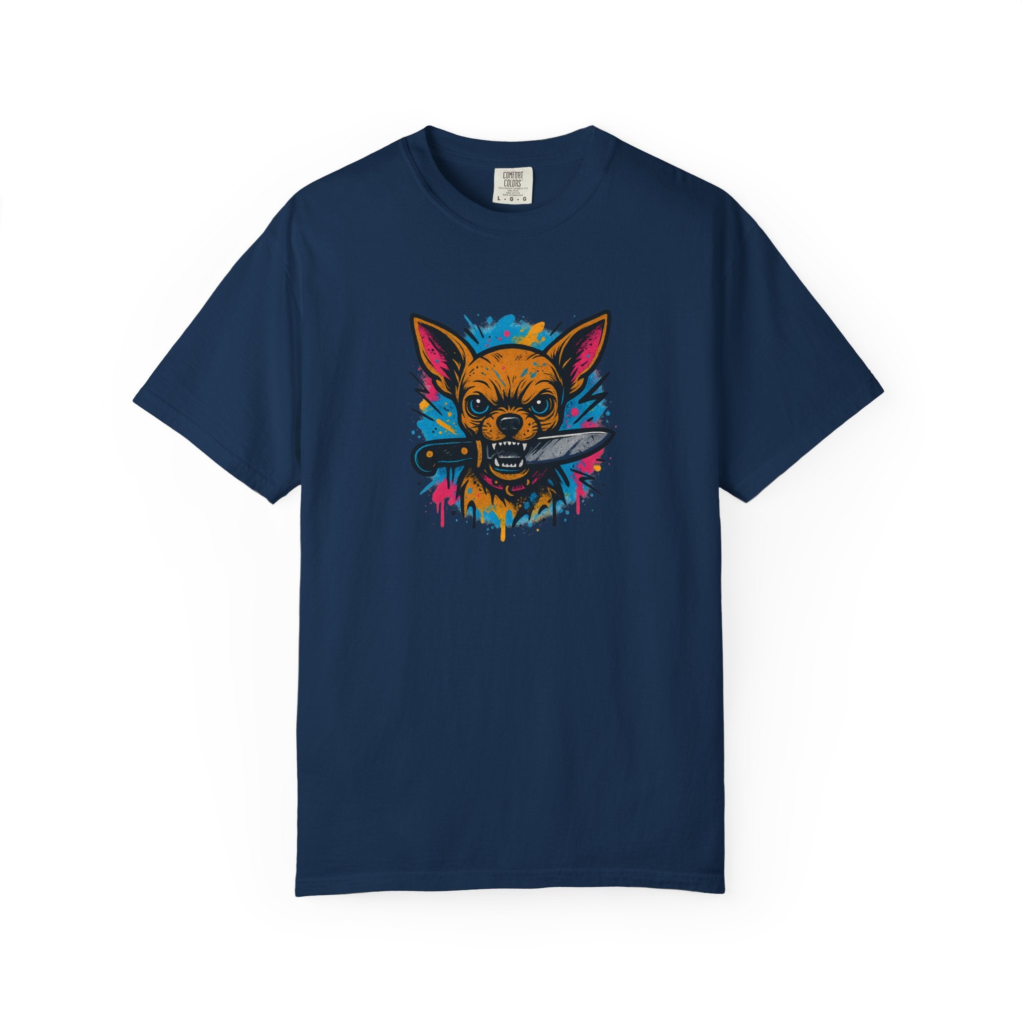 Knife-in-Mouth Chihuahua T-Shirt — Colorful Grunge Fox Graphic Tee