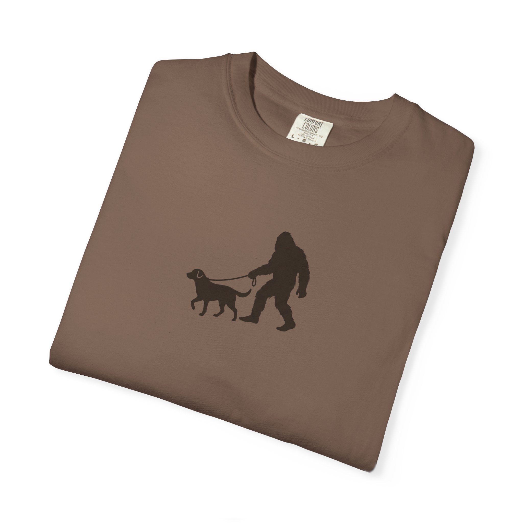 Bigfoot Walking Dog T-Shirt — Sasquatch Silhouette Tee for Cryptid Lovers