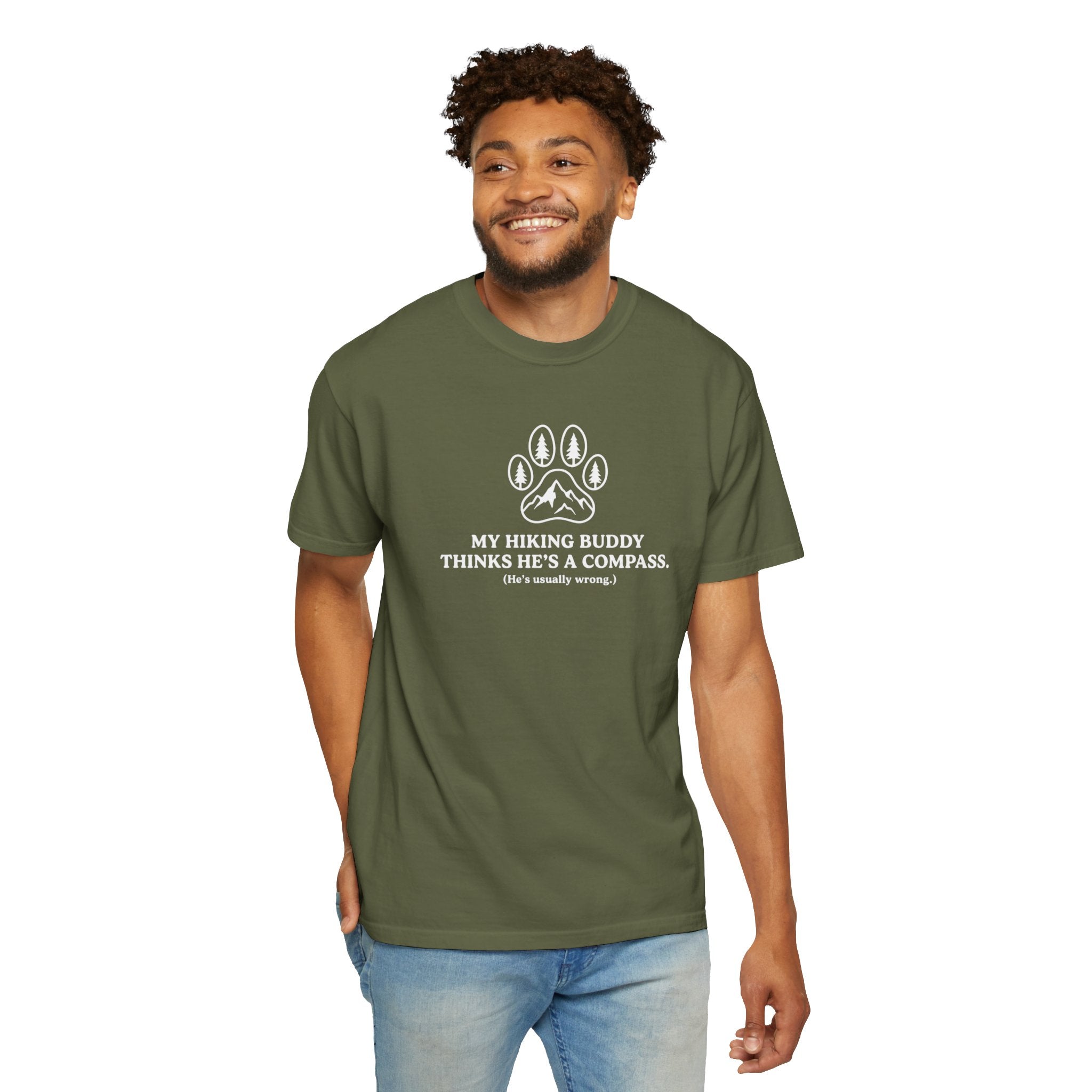 Hiking Dog T-Shirt — “My Hiking Buddy Thinks He’s a Compass” Graphic Tee