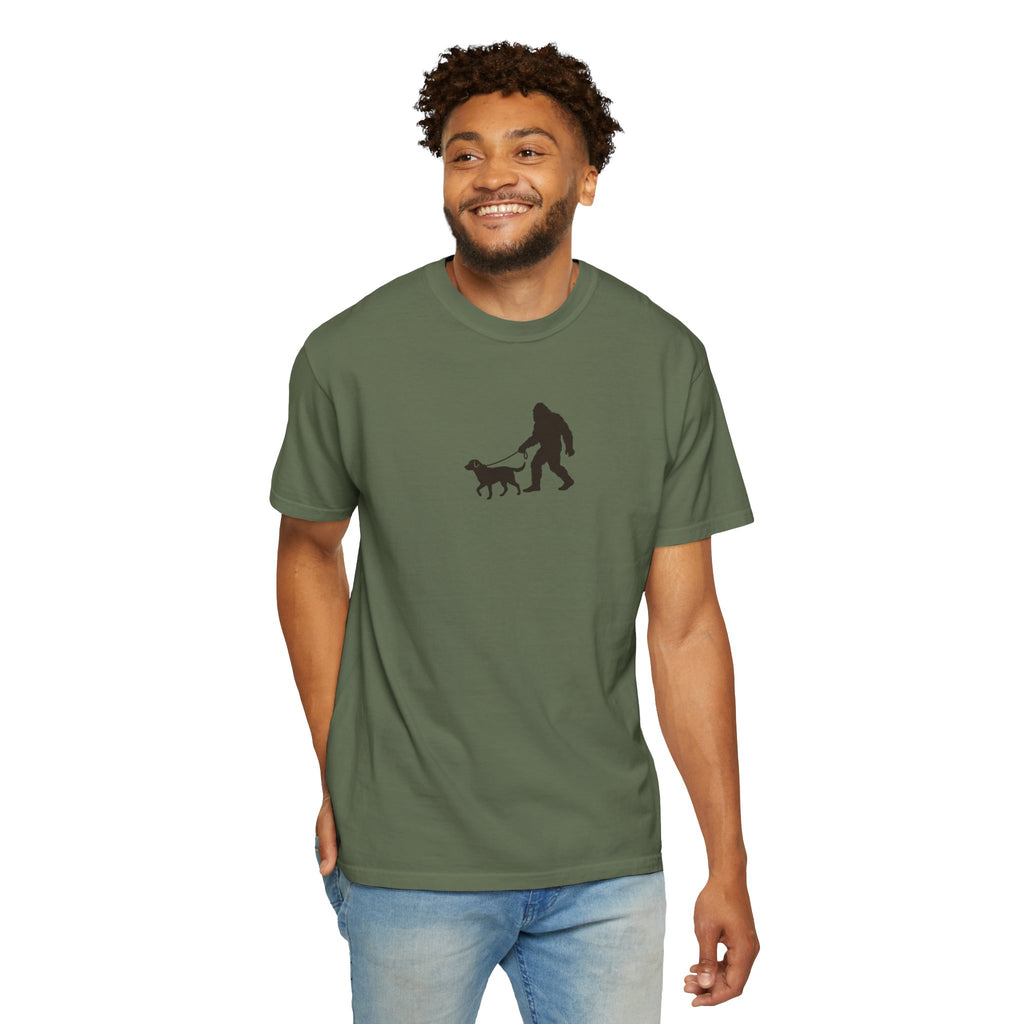 Bigfoot Walking Dog T-Shirt — Sasquatch Silhouette Tee for Cryptid Lovers