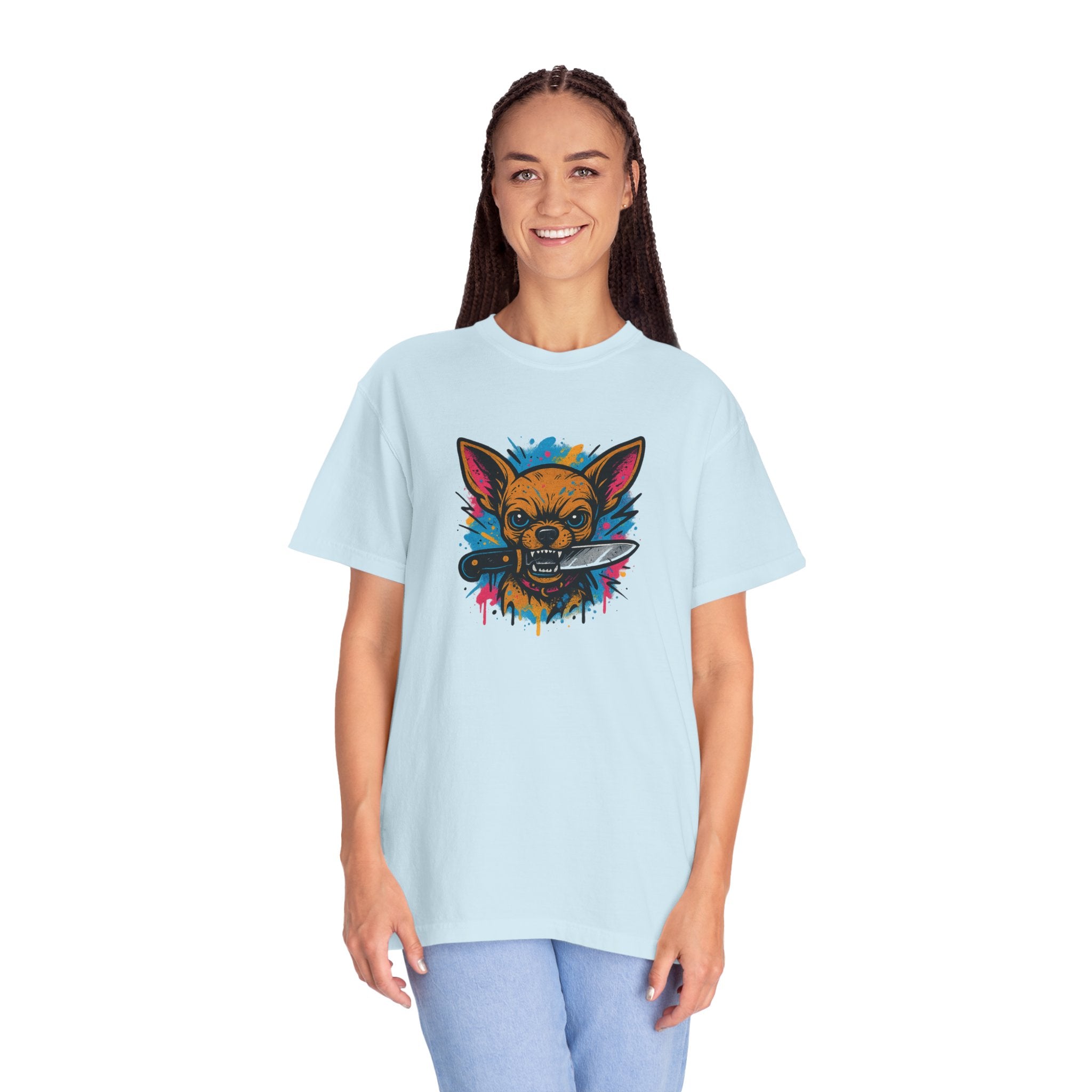 Knife-in-Mouth Chihuahua T-Shirt — Colorful Grunge Fox Graphic Tee