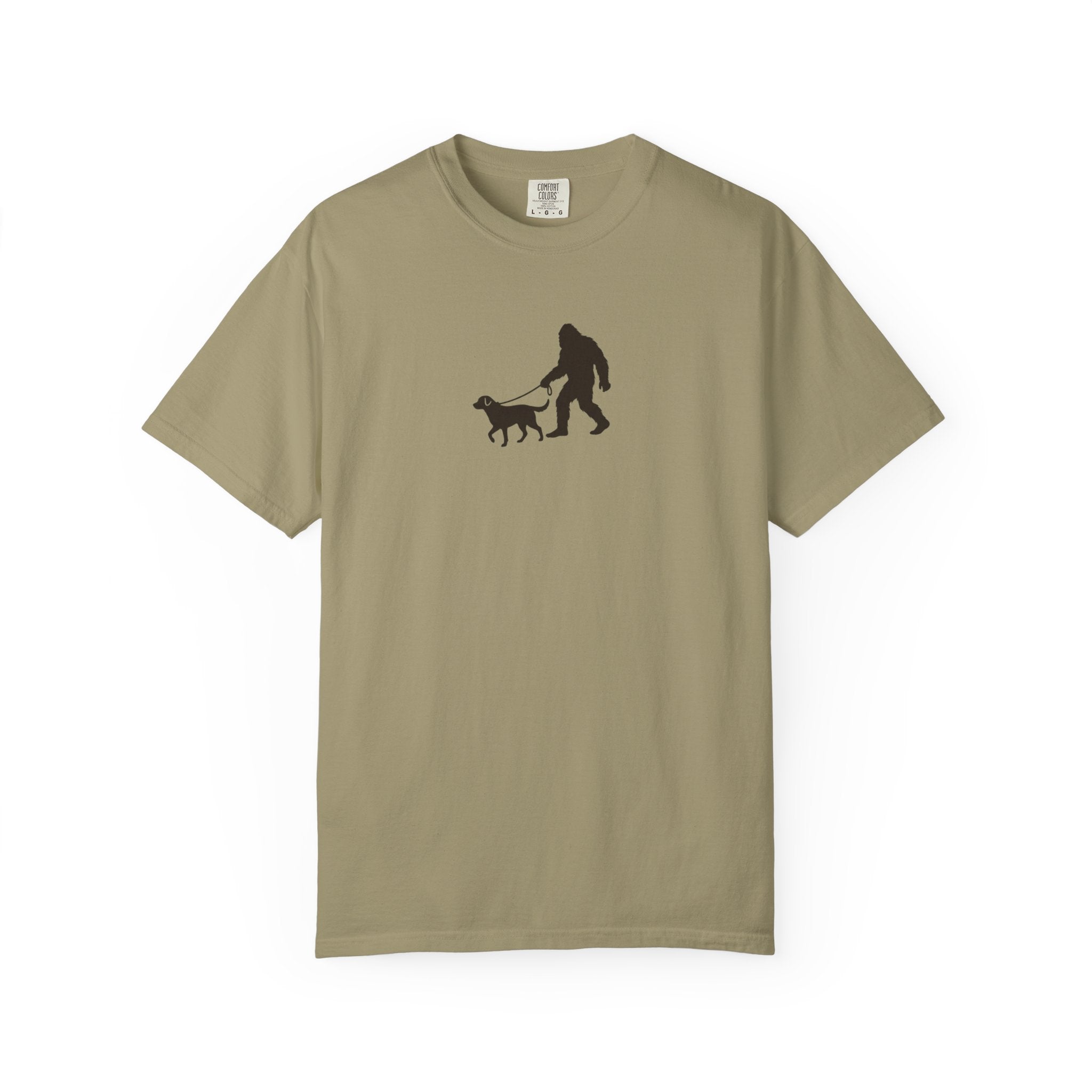 Bigfoot Walking Dog T-Shirt — Sasquatch Silhouette Tee for Cryptid Lovers