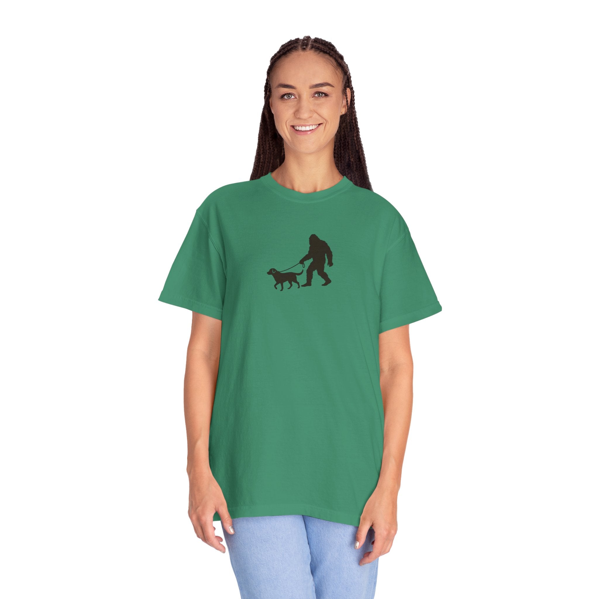 Bigfoot Walking Dog T-Shirt — Sasquatch Silhouette Tee for Cryptid Lovers