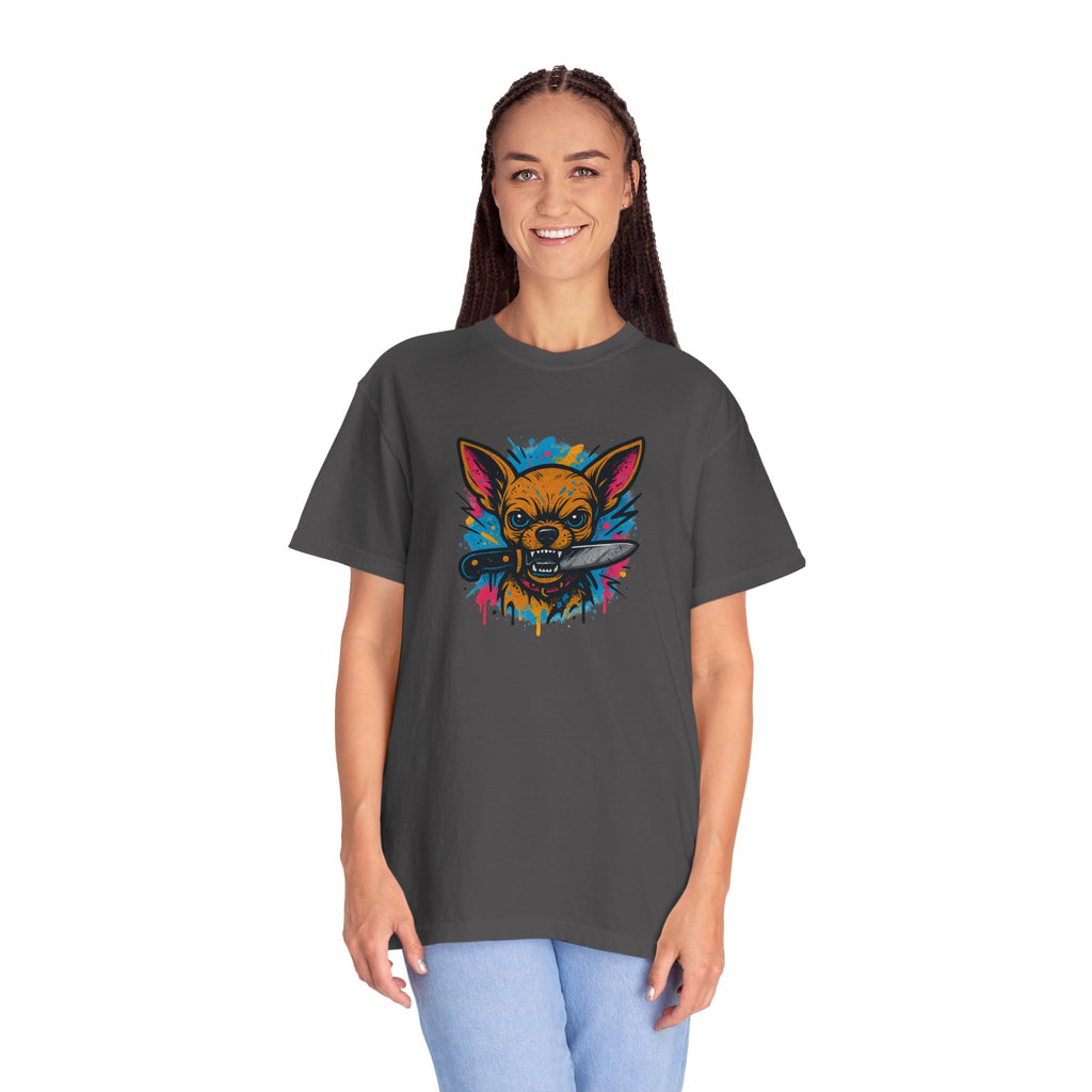 Knife-in-Mouth Chihuahua T-Shirt — Colorful Grunge Fox Graphic Tee