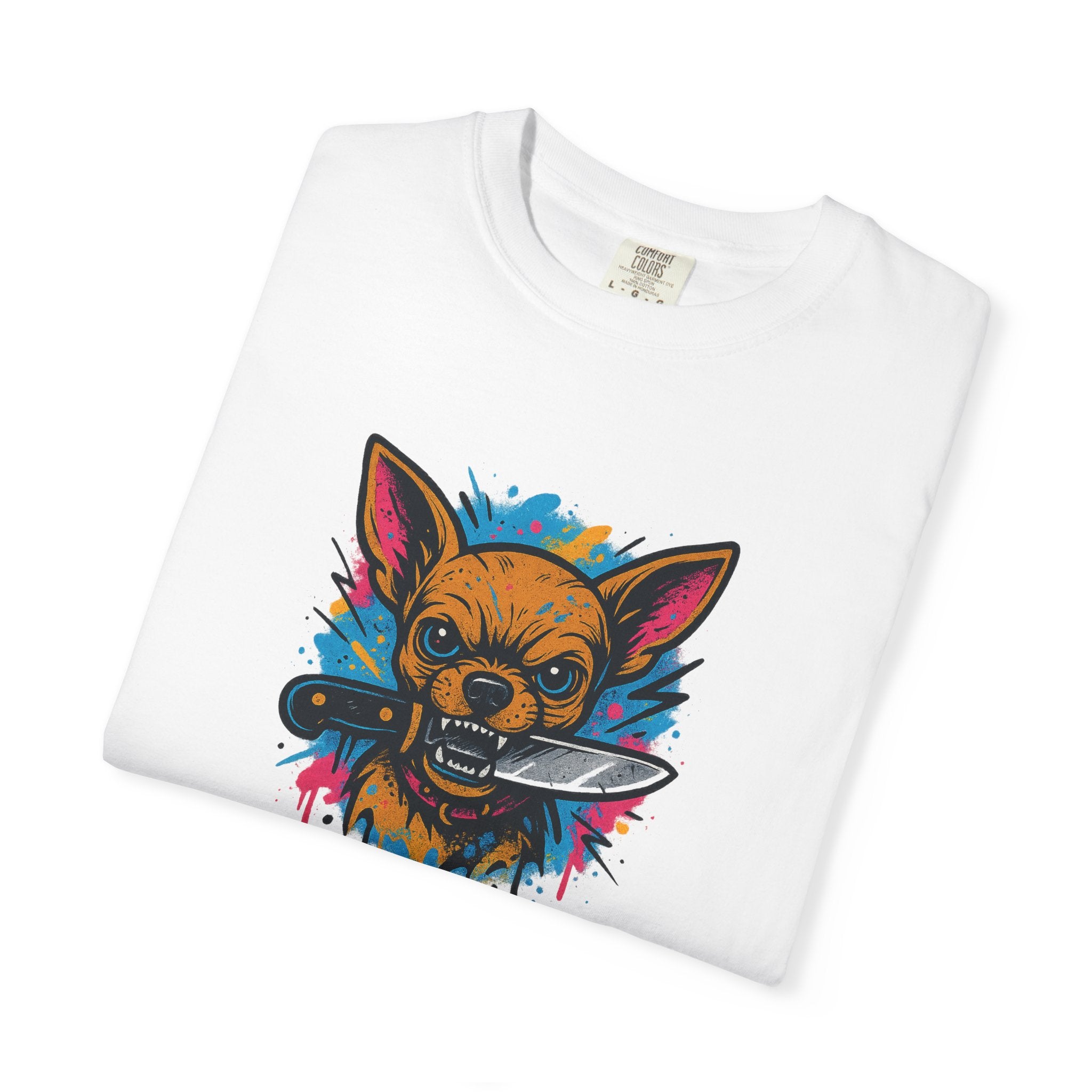 Knife-in-Mouth Chihuahua T-Shirt — Colorful Grunge Fox Graphic Tee