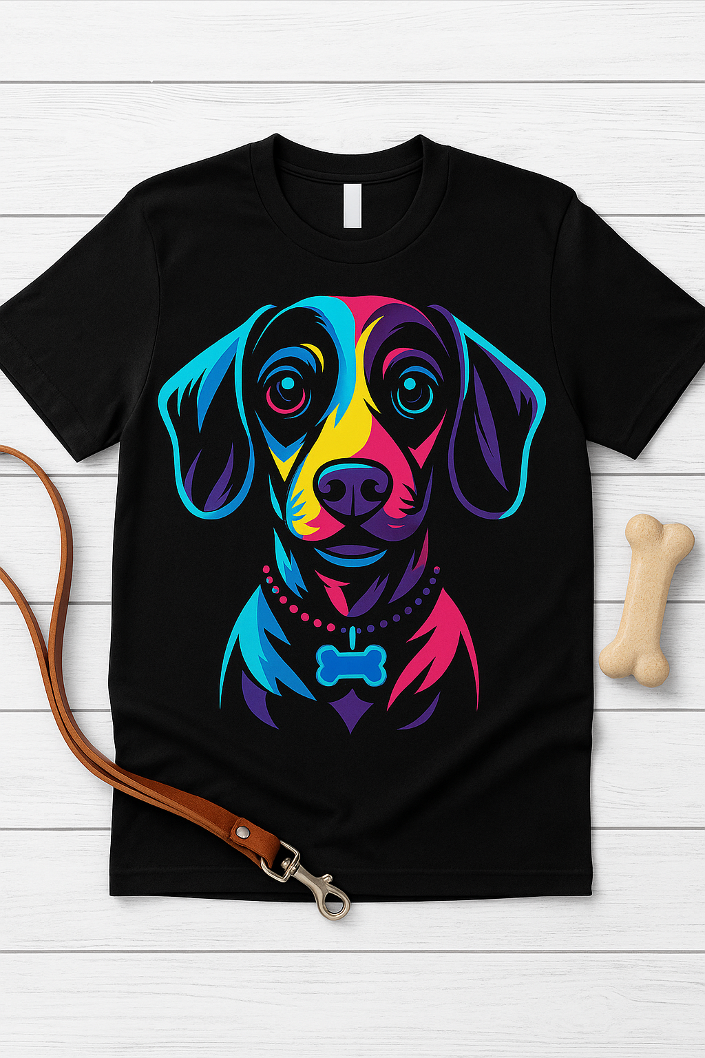Colorful Dachshund Portrait T-Shirt — Vibrant Pop Art Dog Tee for Dog Lovers