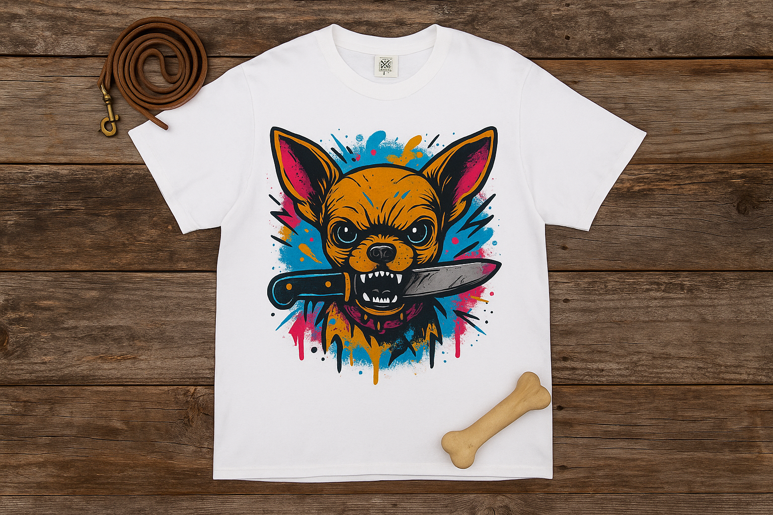 Knife-in-Mouth Chihuahua T-Shirt — Colorful Grunge Fox Graphic Tee