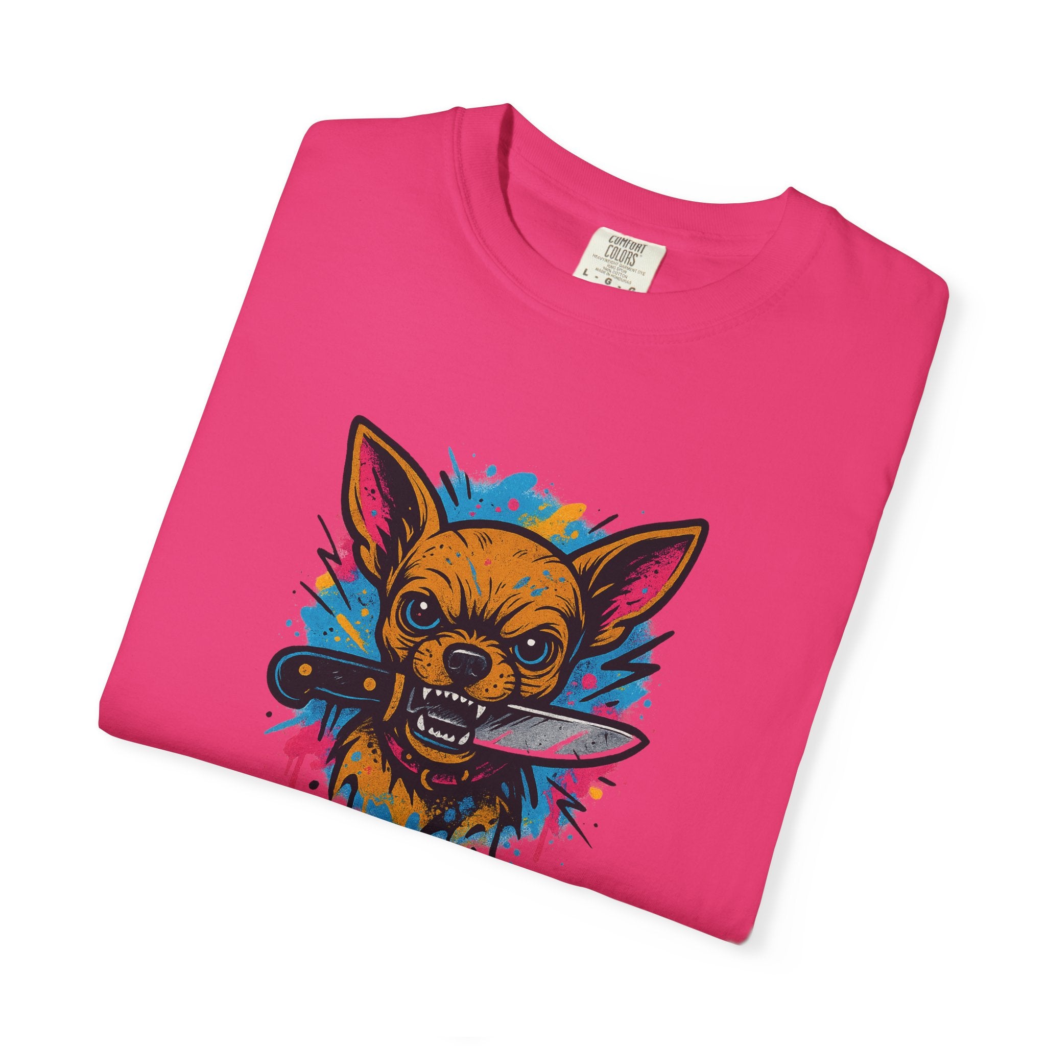 Knife-in-Mouth Chihuahua T-Shirt — Colorful Grunge Fox Graphic Tee