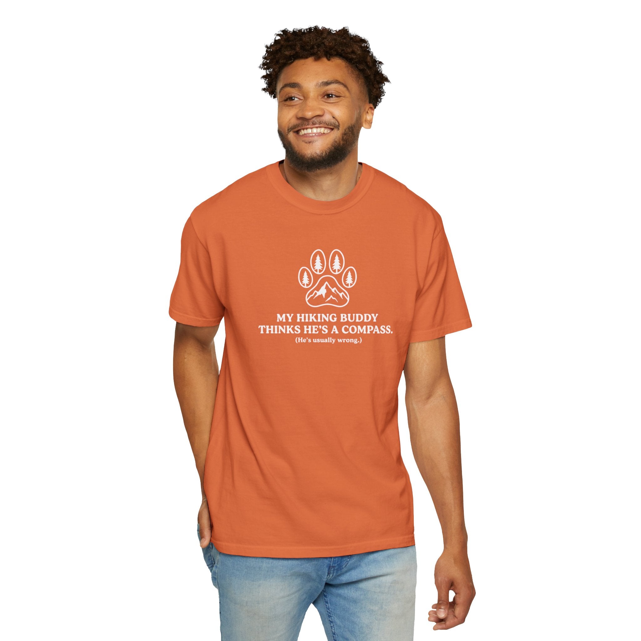 Hiking Dog T-Shirt — “My Hiking Buddy Thinks He’s a Compass” Graphic Tee