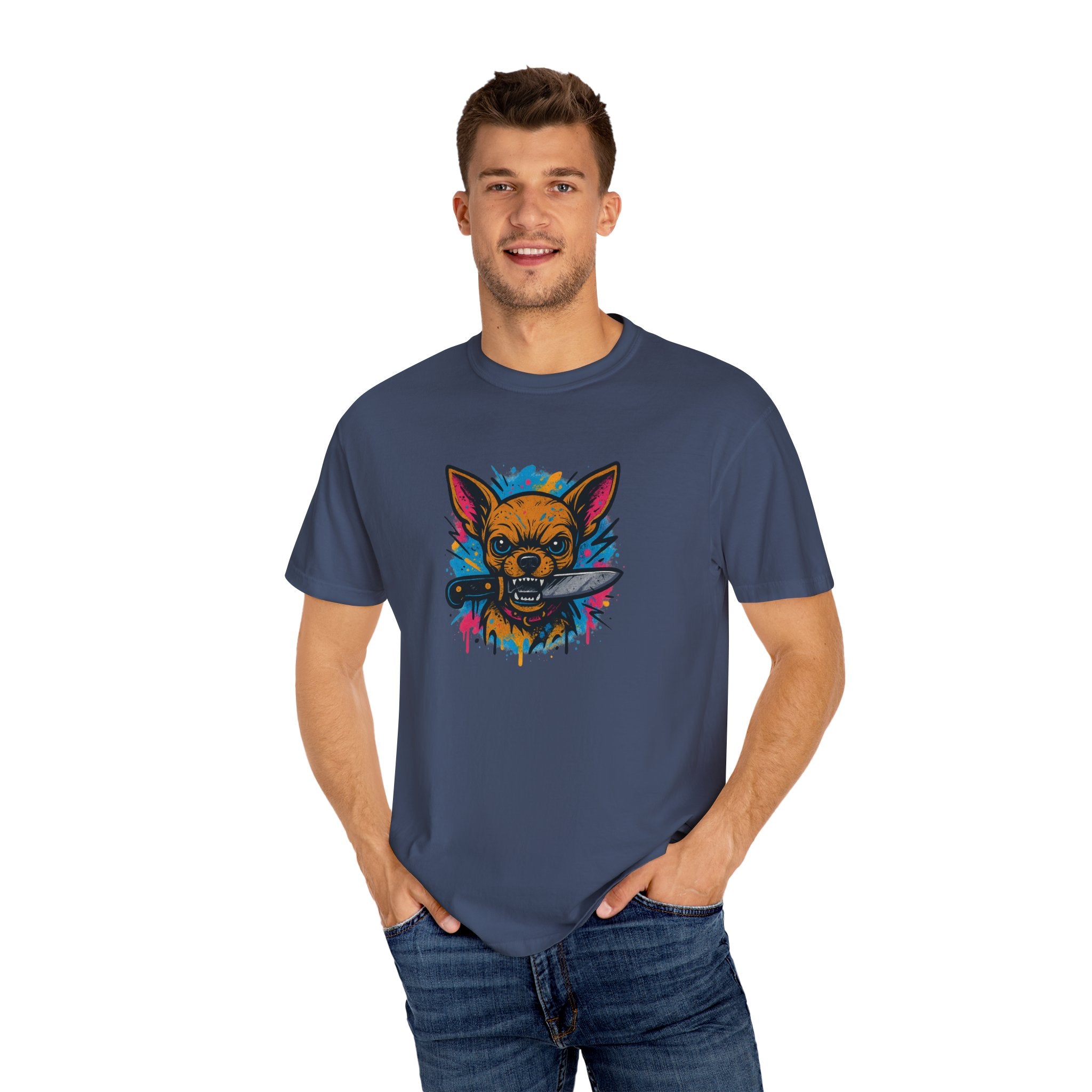 Knife-in-Mouth Chihuahua T-Shirt — Colorful Grunge Fox Graphic Tee