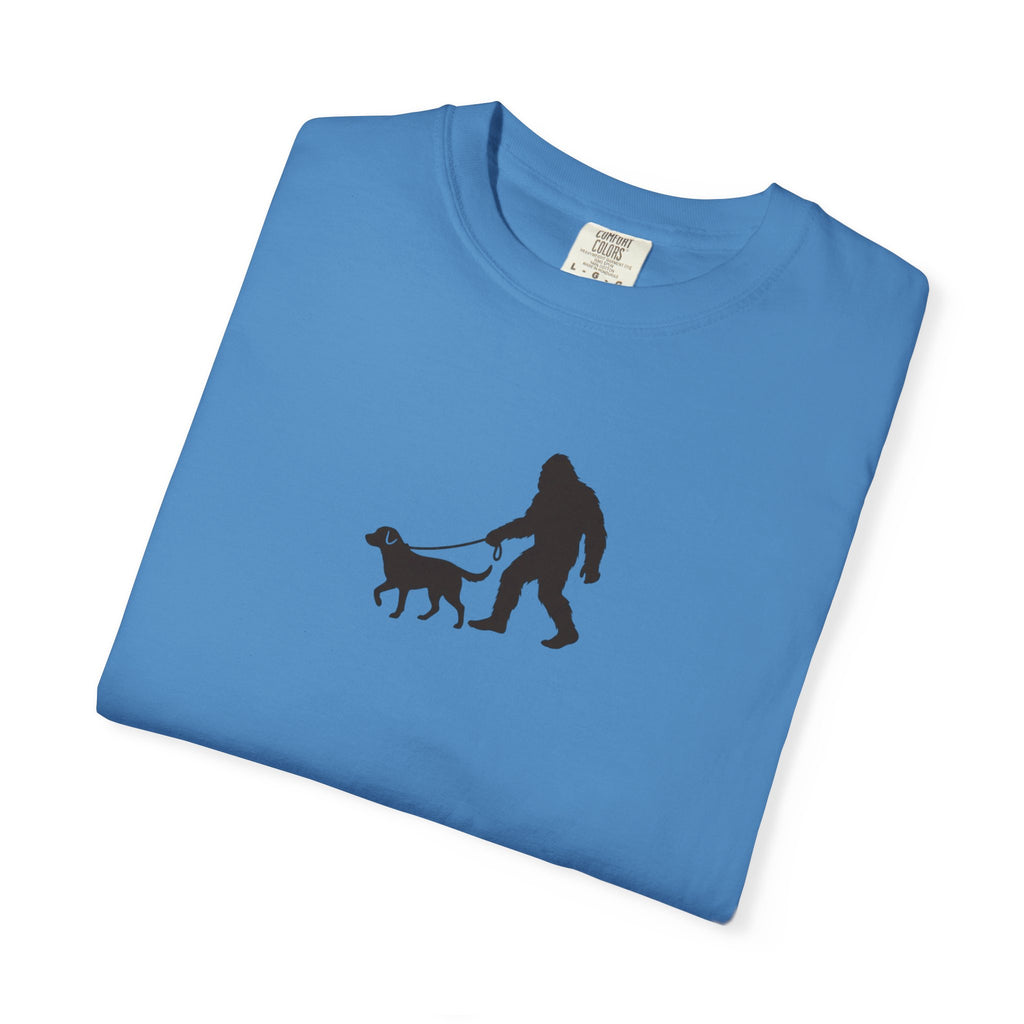 Bigfoot Walking Dog T-Shirt — Sasquatch Silhouette Tee for Cryptid Lovers