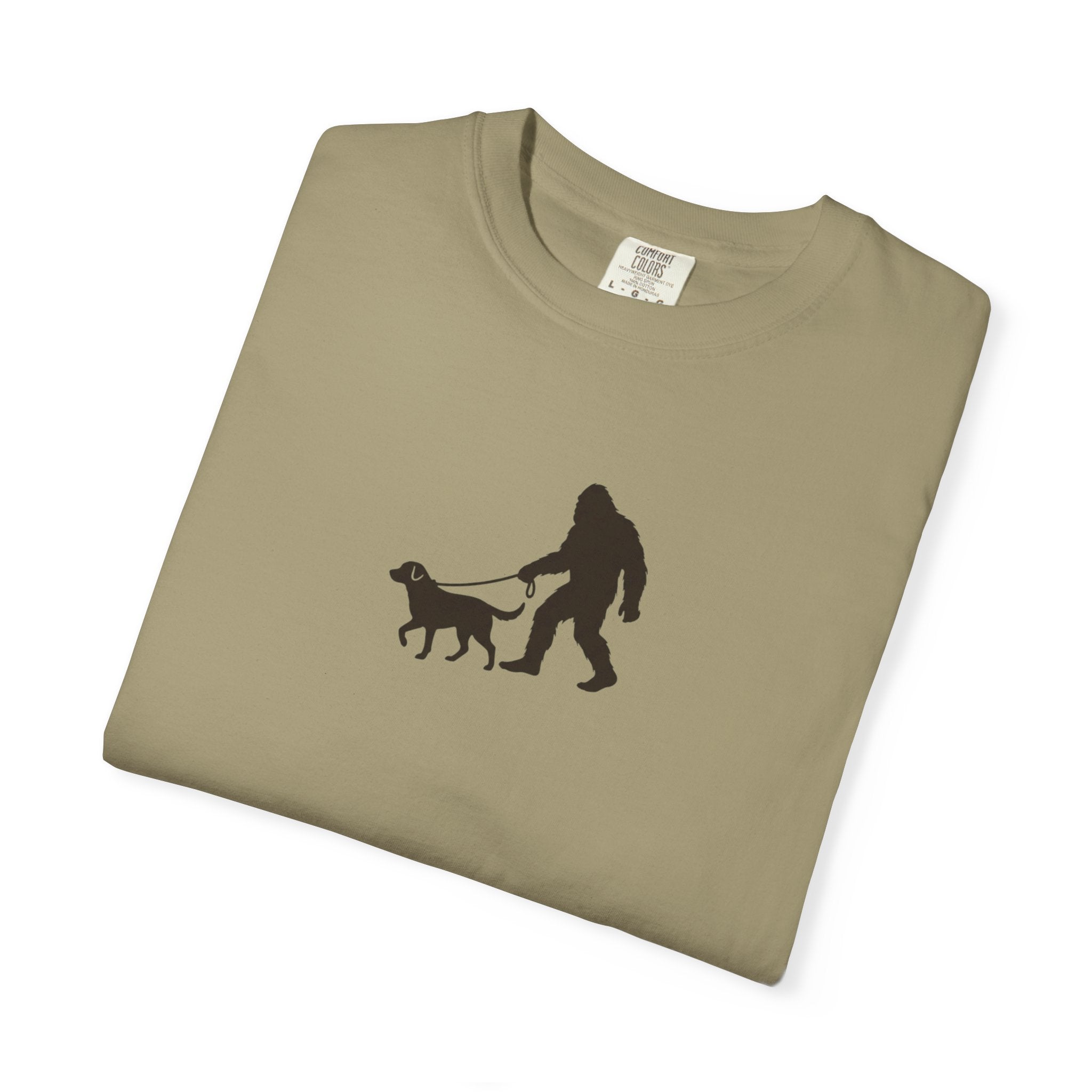 Bigfoot Walking Dog T-Shirt — Sasquatch Silhouette Tee for Cryptid Lovers