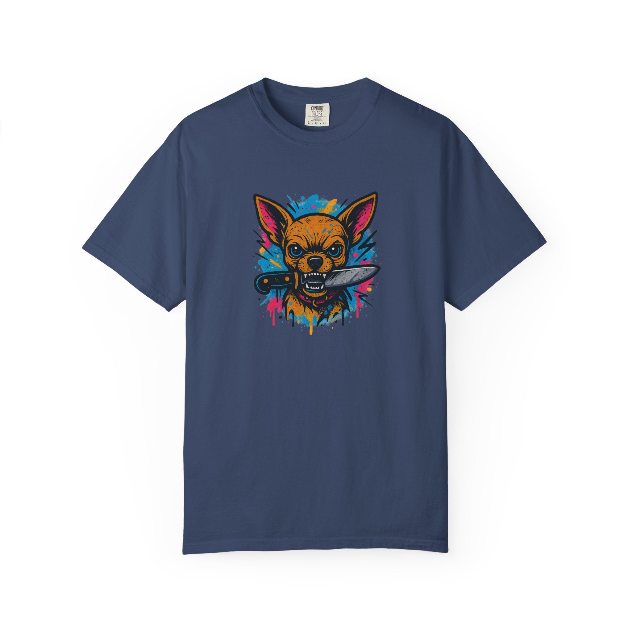 Knife-in-Mouth Chihuahua T-Shirt — Colorful Grunge Fox Graphic Tee