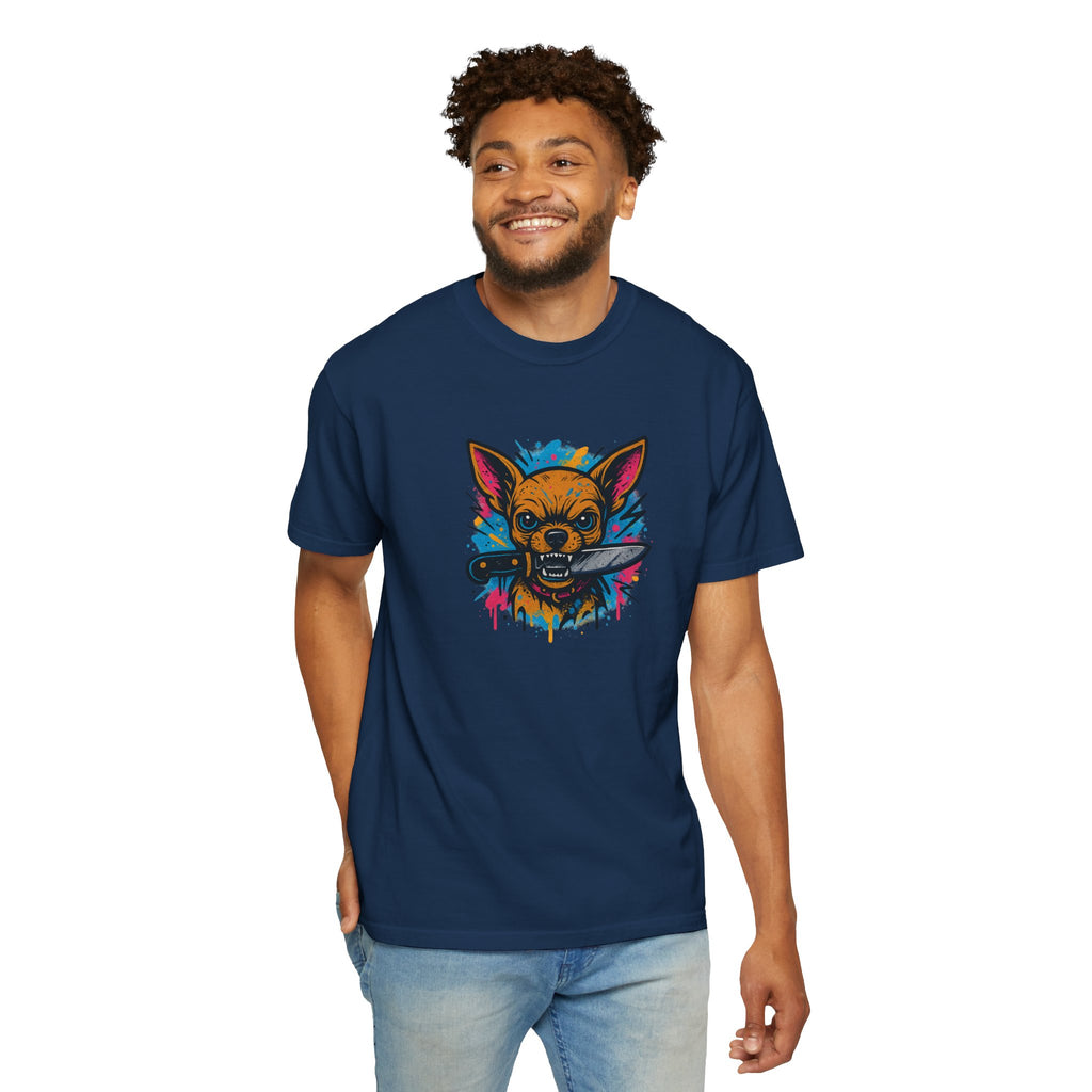 Knife-in-Mouth Chihuahua T-Shirt — Colorful Grunge Fox Graphic Tee