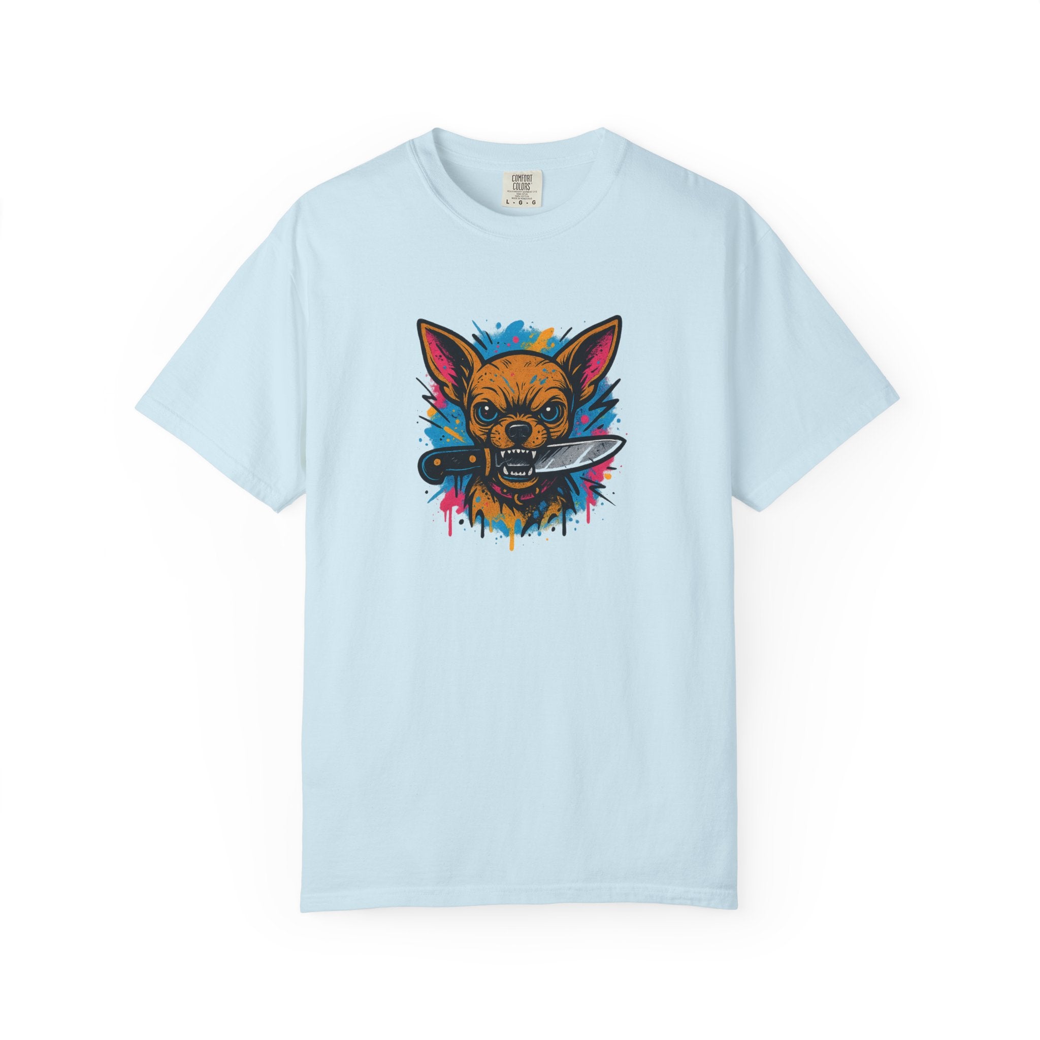 Knife-in-Mouth Chihuahua T-Shirt — Colorful Grunge Fox Graphic Tee