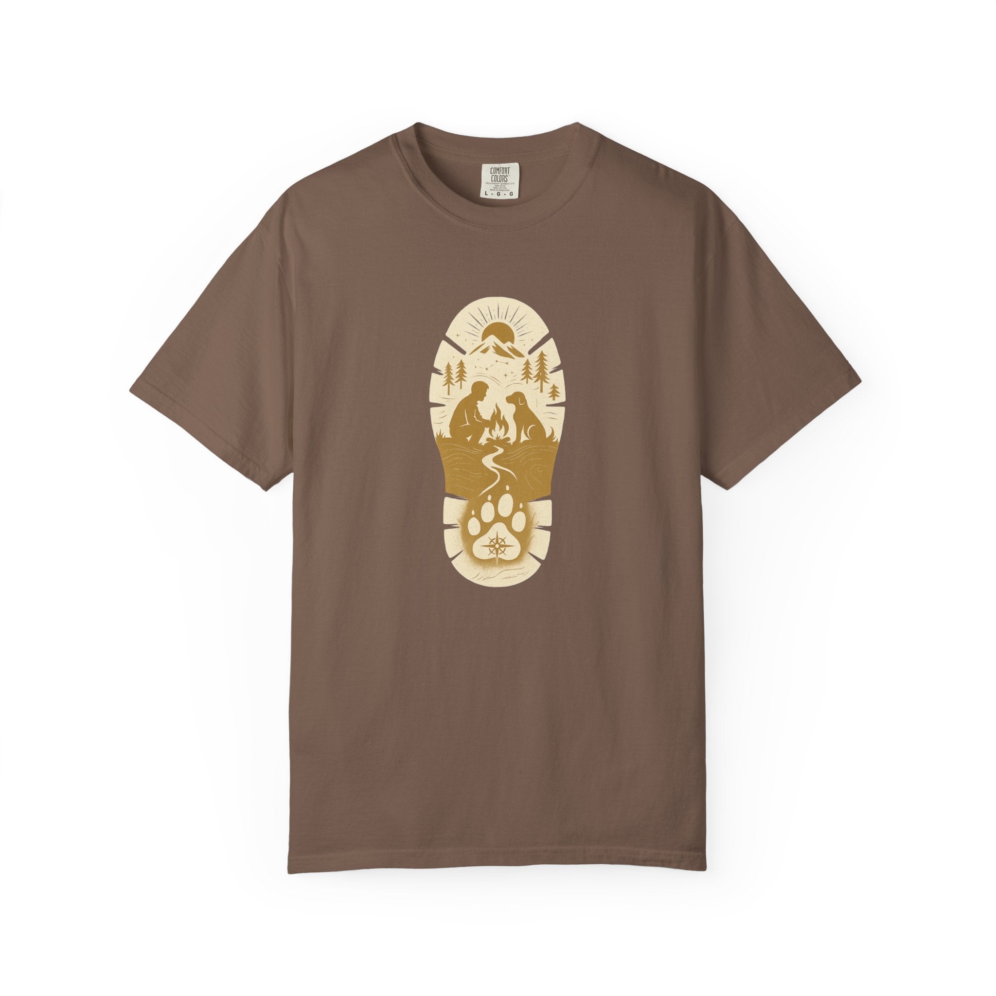 Adventure Pawprint T-Shirt — Mountain Trail Dog Silhouette Graphic