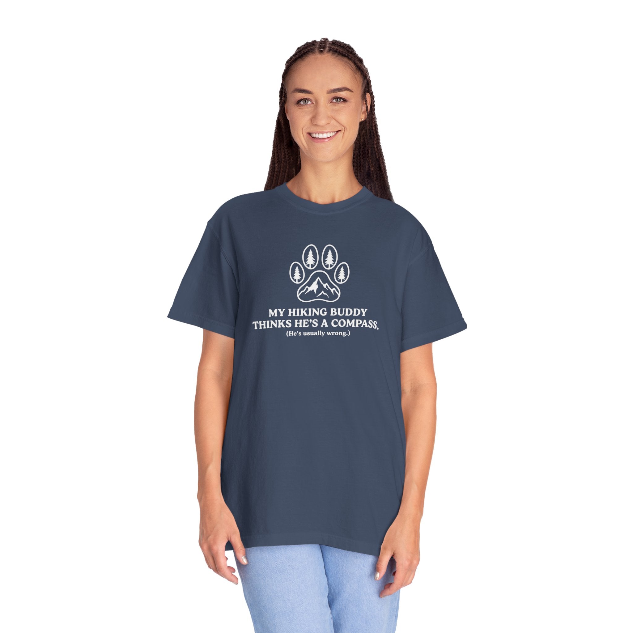 Hiking Dog T-Shirt — “My Hiking Buddy Thinks He’s a Compass” Graphic Tee