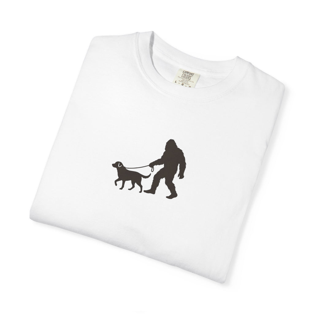 Bigfoot Walking Dog T-Shirt — Sasquatch Silhouette Tee for Cryptid Lovers