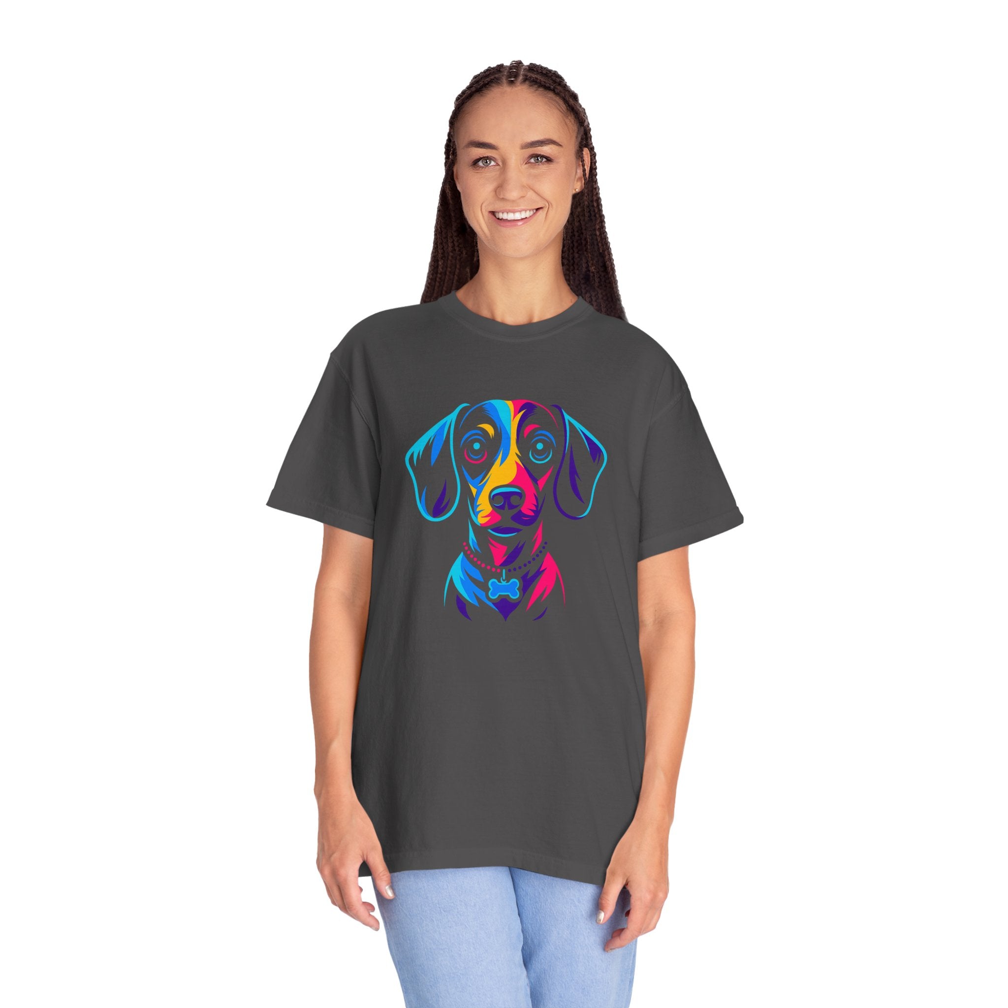 Colorful Dachshund Portrait T-Shirt — Vibrant Pop Art Dog Tee for Dog Lovers