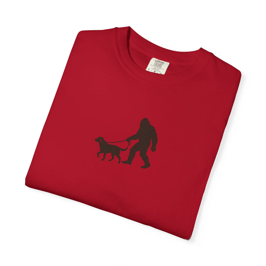 Bigfoot Walking Dog T-Shirt — Sasquatch Silhouette Tee for Cryptid Lovers