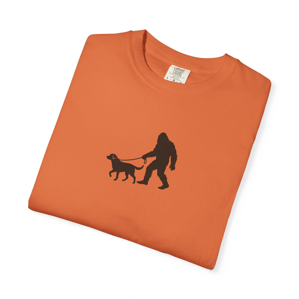 Bigfoot Walking Dog T-Shirt — Sasquatch Silhouette Tee for Cryptid Lovers
