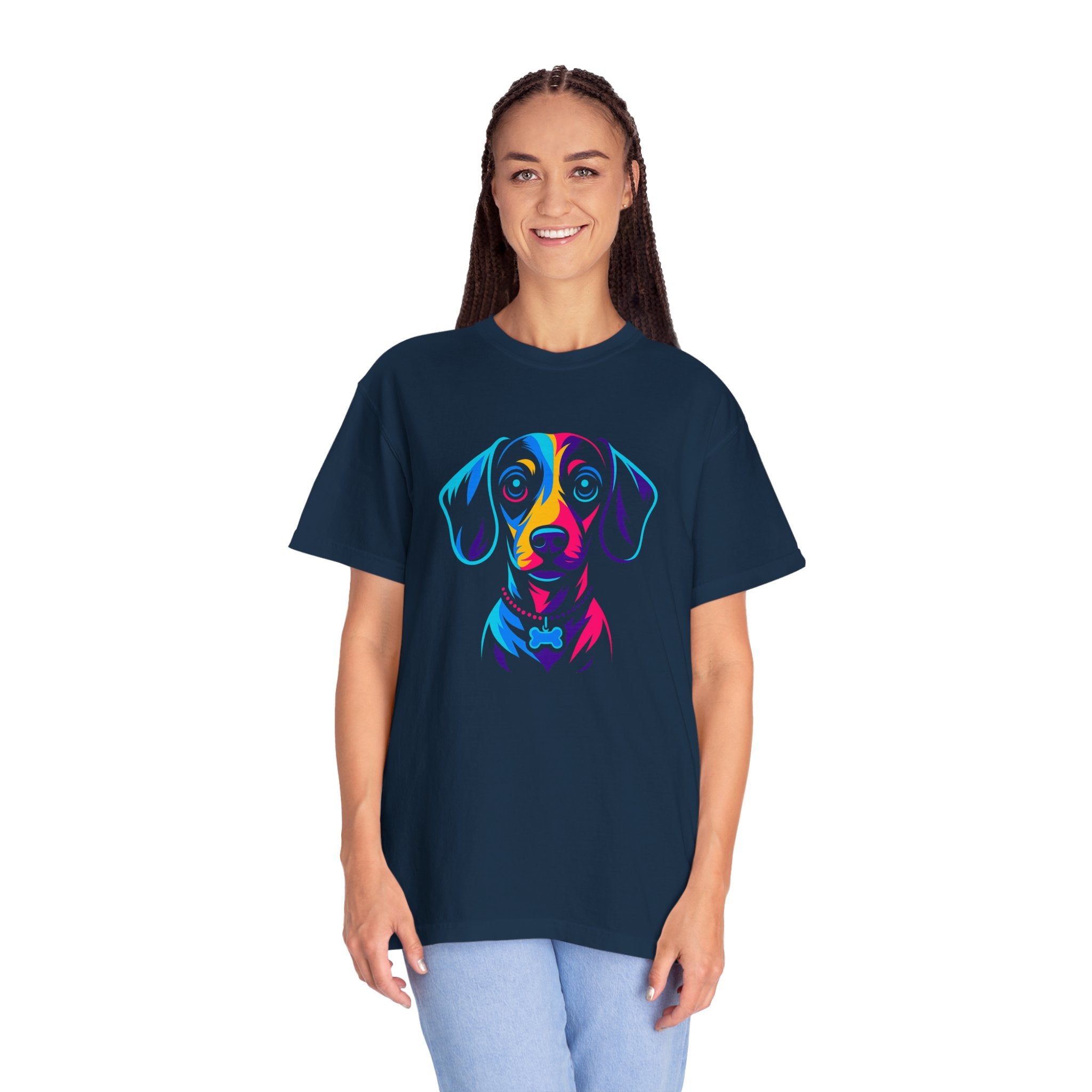 Colorful Dachshund Portrait T-Shirt — Vibrant Pop Art Dog Tee for Dog Lovers