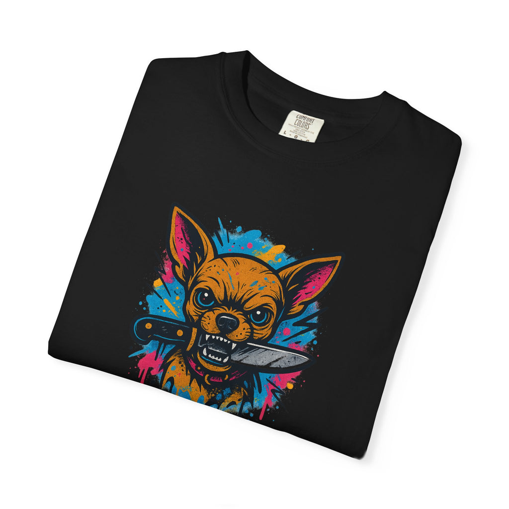 Knife-in-Mouth Chihuahua T-Shirt — Colorful Grunge Fox Graphic Tee