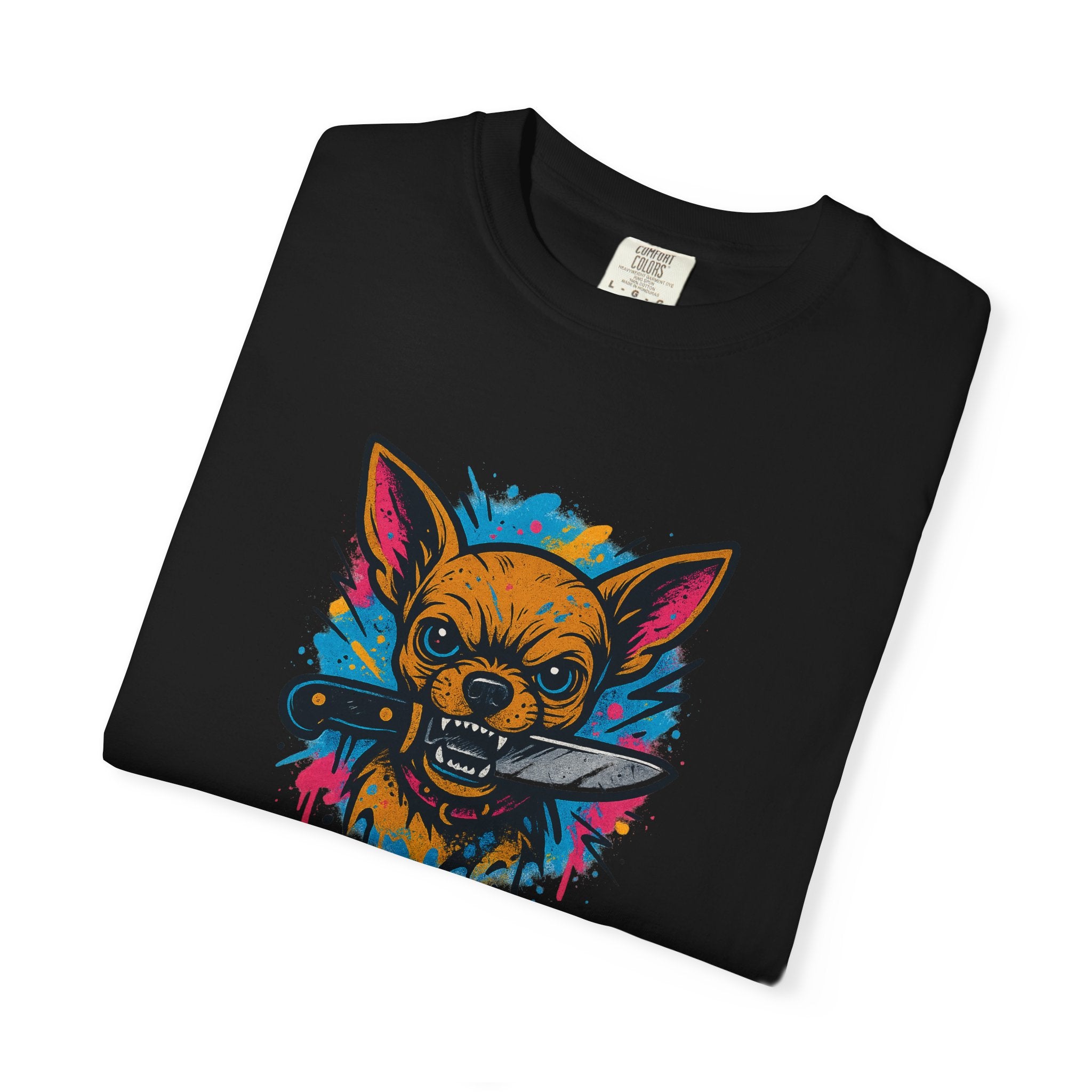 Knife-in-Mouth Chihuahua T-Shirt — Colorful Grunge Fox Graphic Tee