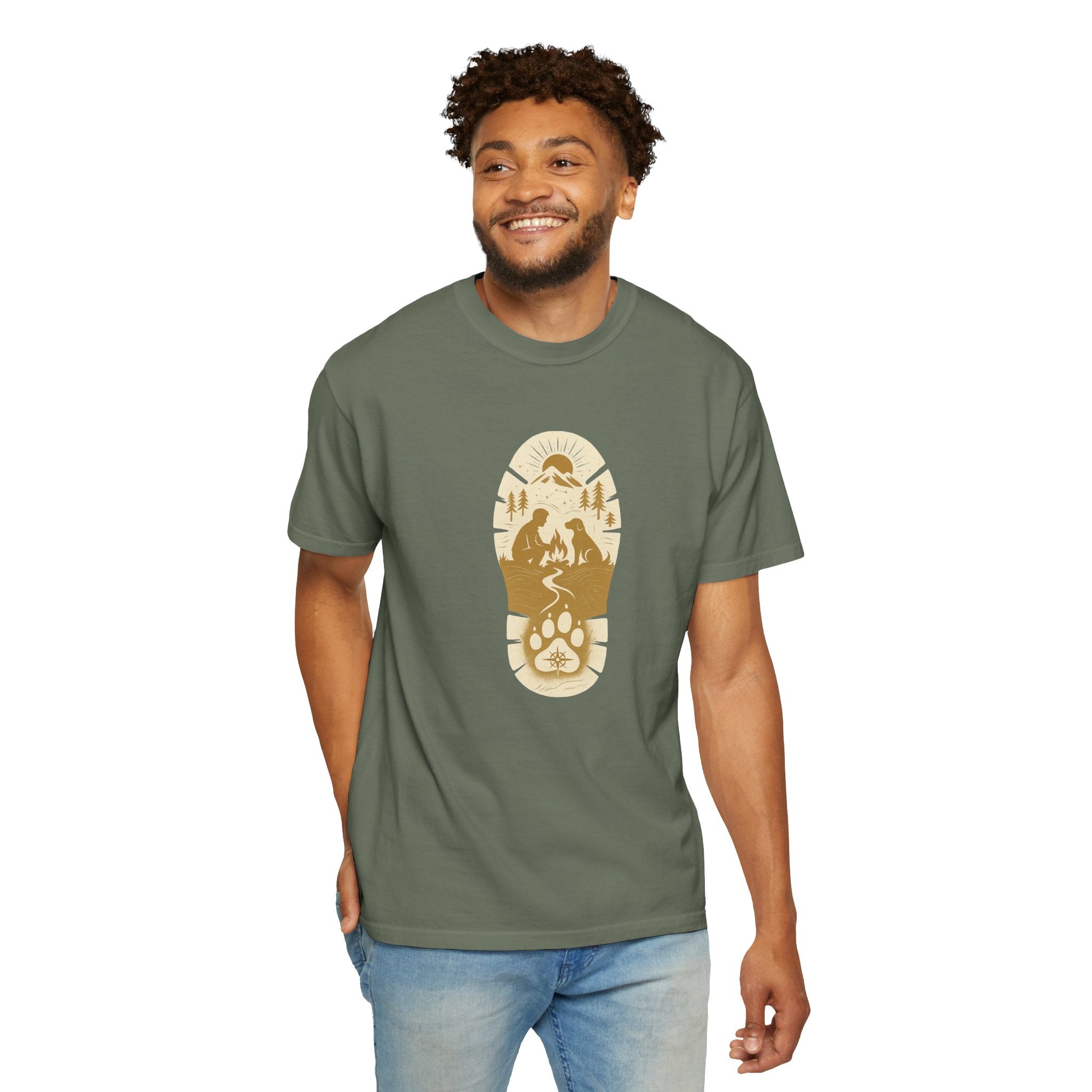 Adventure Pawprint T-Shirt — Mountain Trail Dog Silhouette Graphic