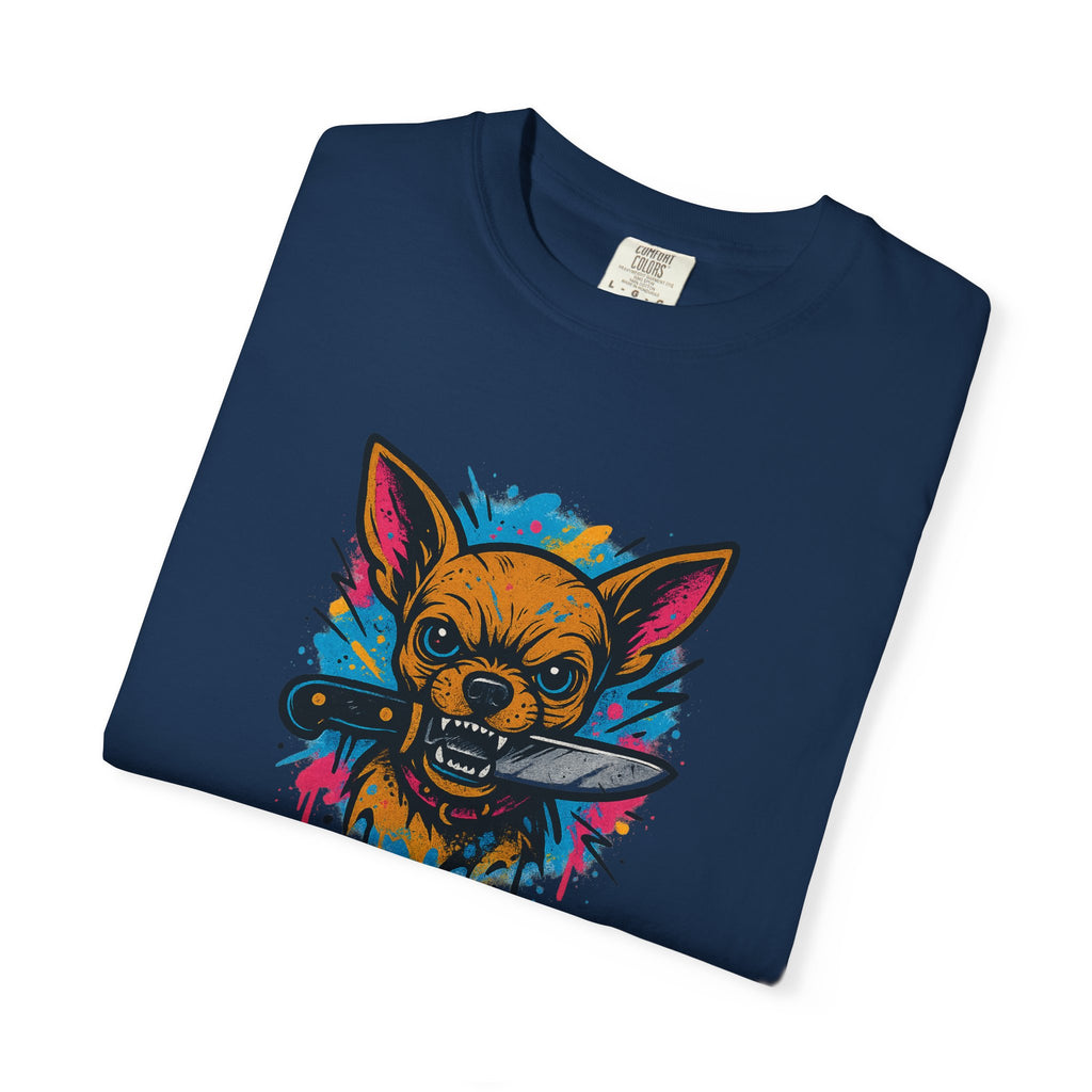 Knife-in-Mouth Chihuahua T-Shirt — Colorful Grunge Fox Graphic Tee