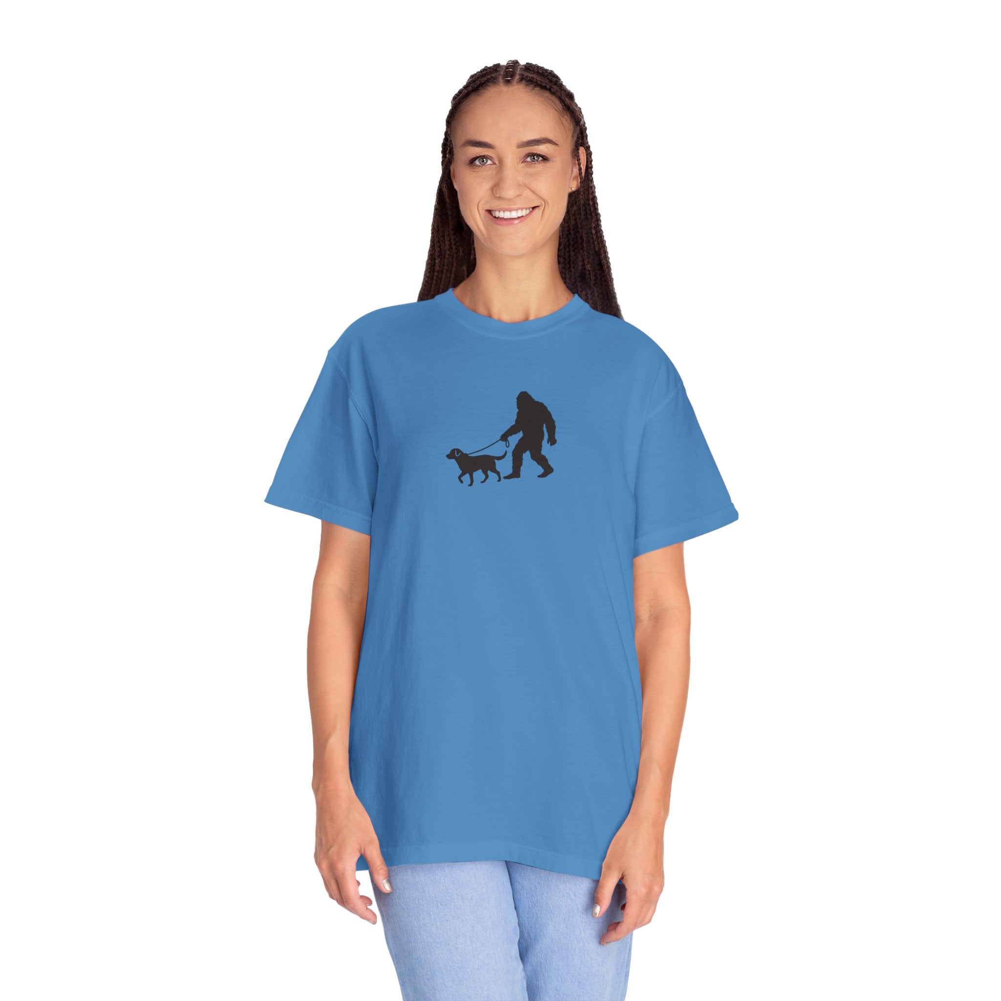 Bigfoot Walking Dog T-Shirt — Sasquatch Silhouette Tee for Cryptid Lovers